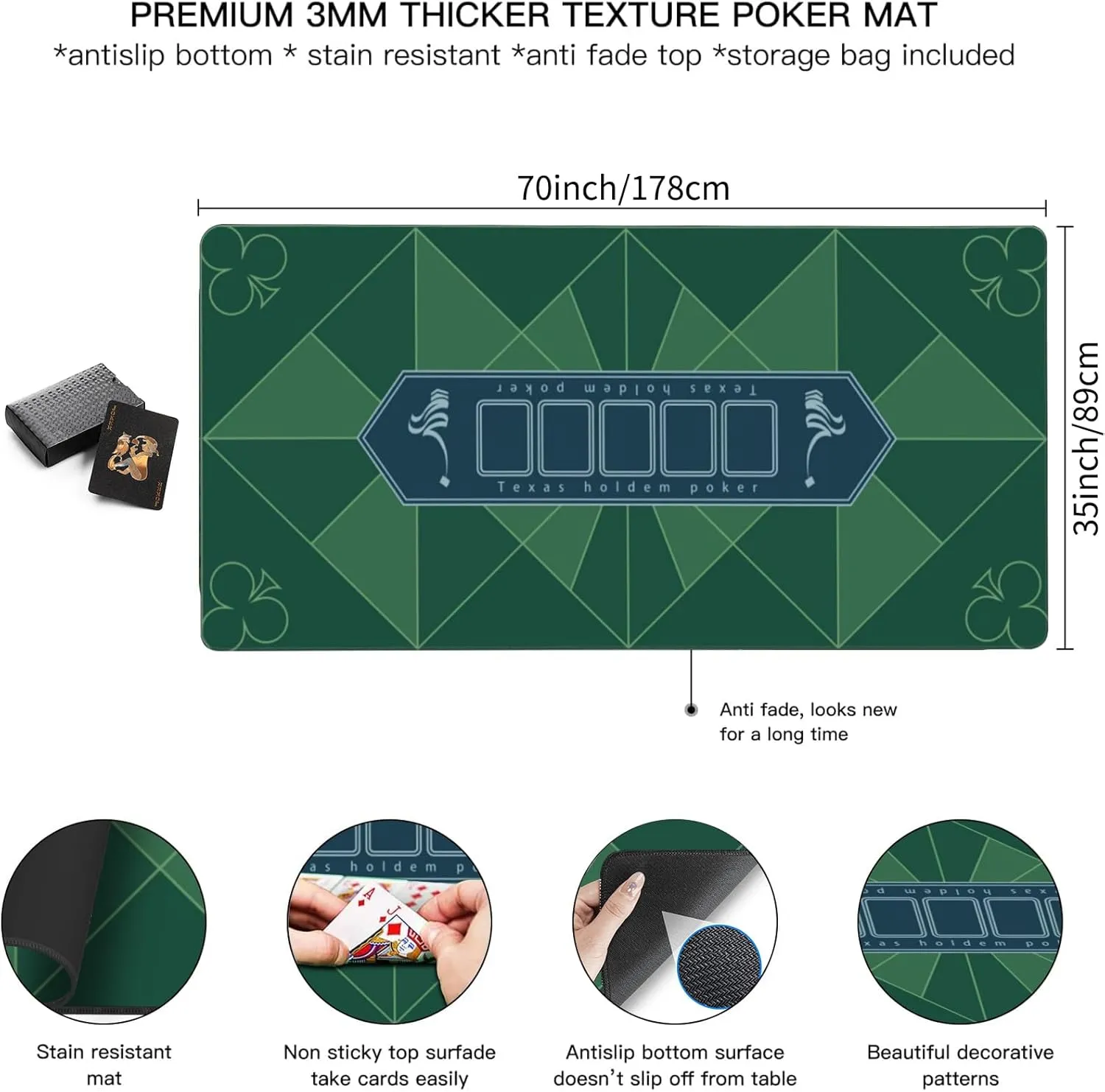 AQQA Table Top Mat 70" x 35"-Poker Table Top Mat with Non-Slip Backing & Playing Cards - Waterproof & Foldable - Portable Texas Holdem Poker Mat - Casino Table Playing Card Mat