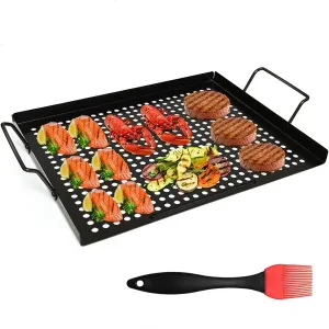 AQUEENLY Grill Basket Nonstick Grill Topper with Holes, BBQ Grill Tray Vegetable Grill Pans for Outdoor Grill, Grill Wok Grill Cookware Grill Accessories for Vegetable, Meat, Fish, Shrimp 17"x11.4"
