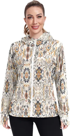 Arabesque Design Sun Hoodie Upf 50 , Womens Athletic Long Sleeve Shirts, Zip up Jacket, Travel Shirts for Women