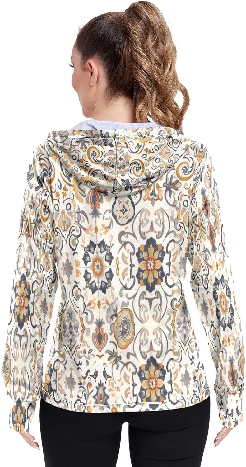 Arabesque Design Sun Hoodie Upf 50 , Womens Athletic Long Sleeve Shirts, Zip up Jacket, Travel Shirts for Women