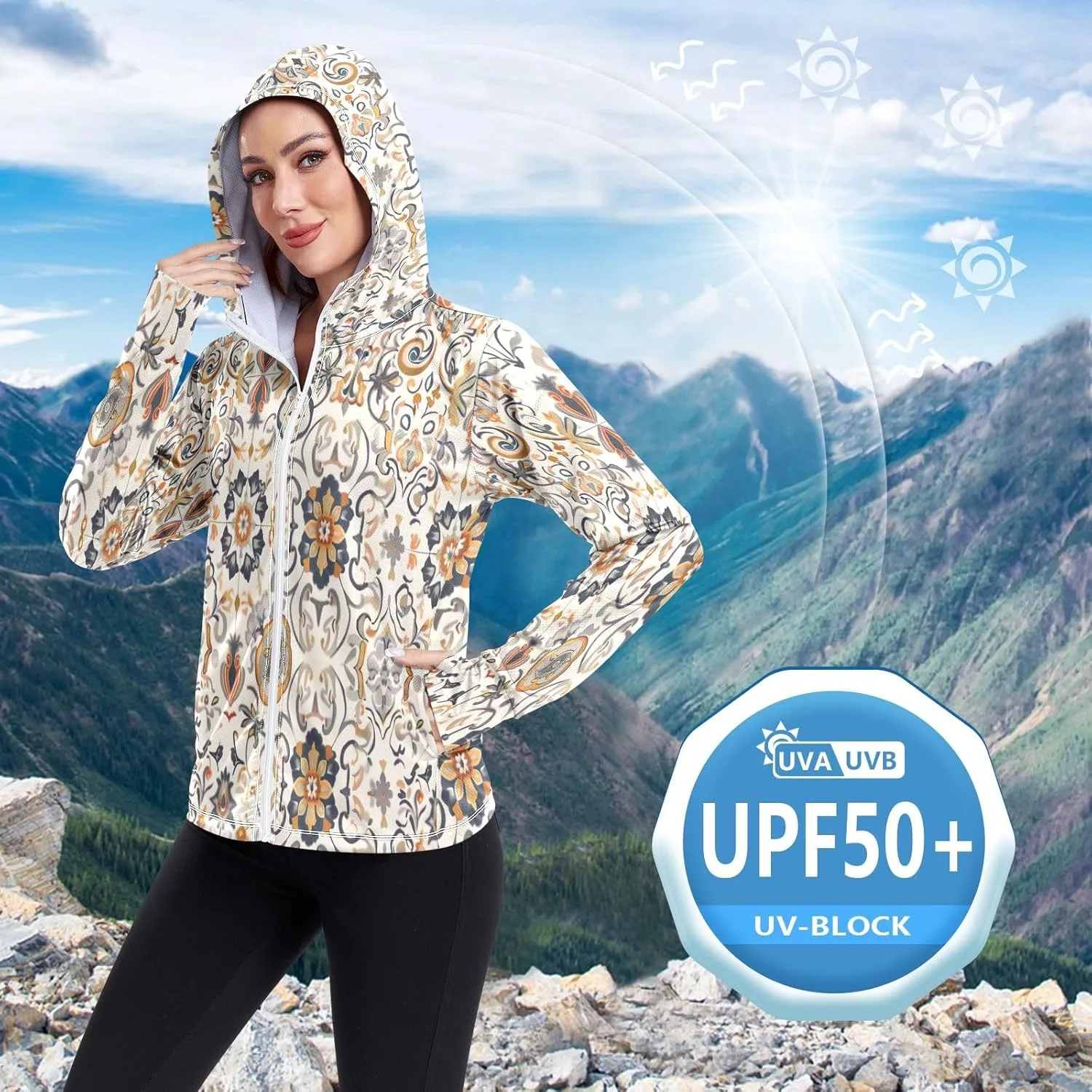 Arabesque Design Sun Hoodie Upf 50 , Womens Athletic Long Sleeve Shirts, Zip up Jacket, Travel Shirts for Women