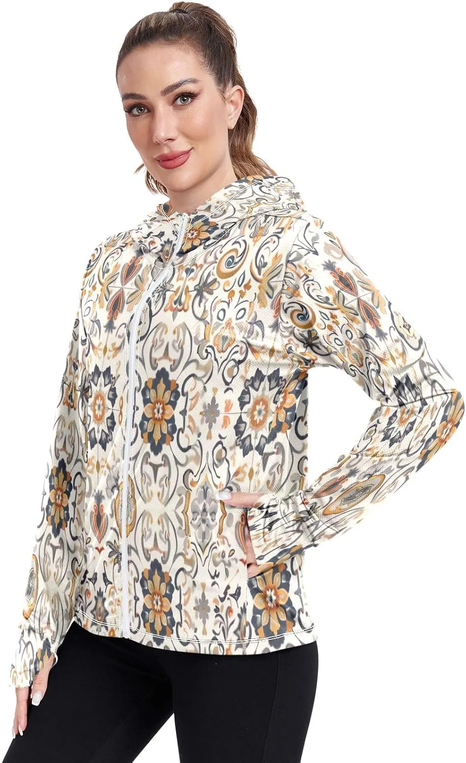 Arabesque Design Sun Hoodie Upf 50 , Womens Athletic Long Sleeve Shirts, Zip up Jacket, Travel Shirts for Women