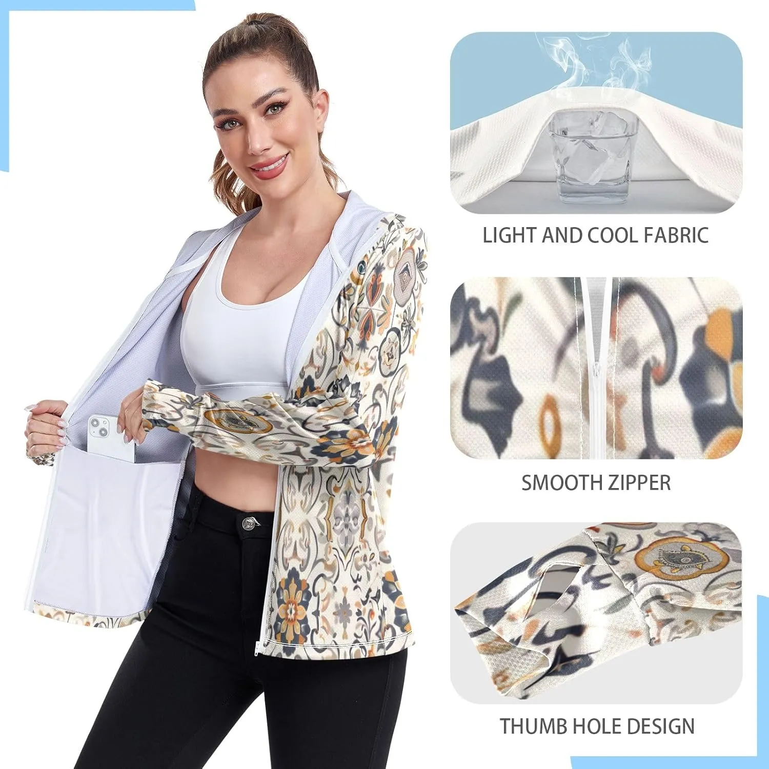 Arabesque Design Sun Hoodie Upf 50 , Womens Athletic Long Sleeve Shirts, Zip up Jacket, Travel Shirts for Women