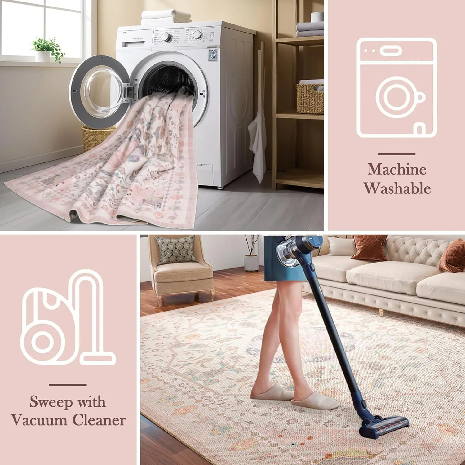 Area Rug - Vintage 5x7 Non-Slip Backing Area Rugs Light Pink Soft Faux Wool Carpet Foldable & Machine Washable Rugs for Living Room Bedroom Dining Room Nursery Home Office