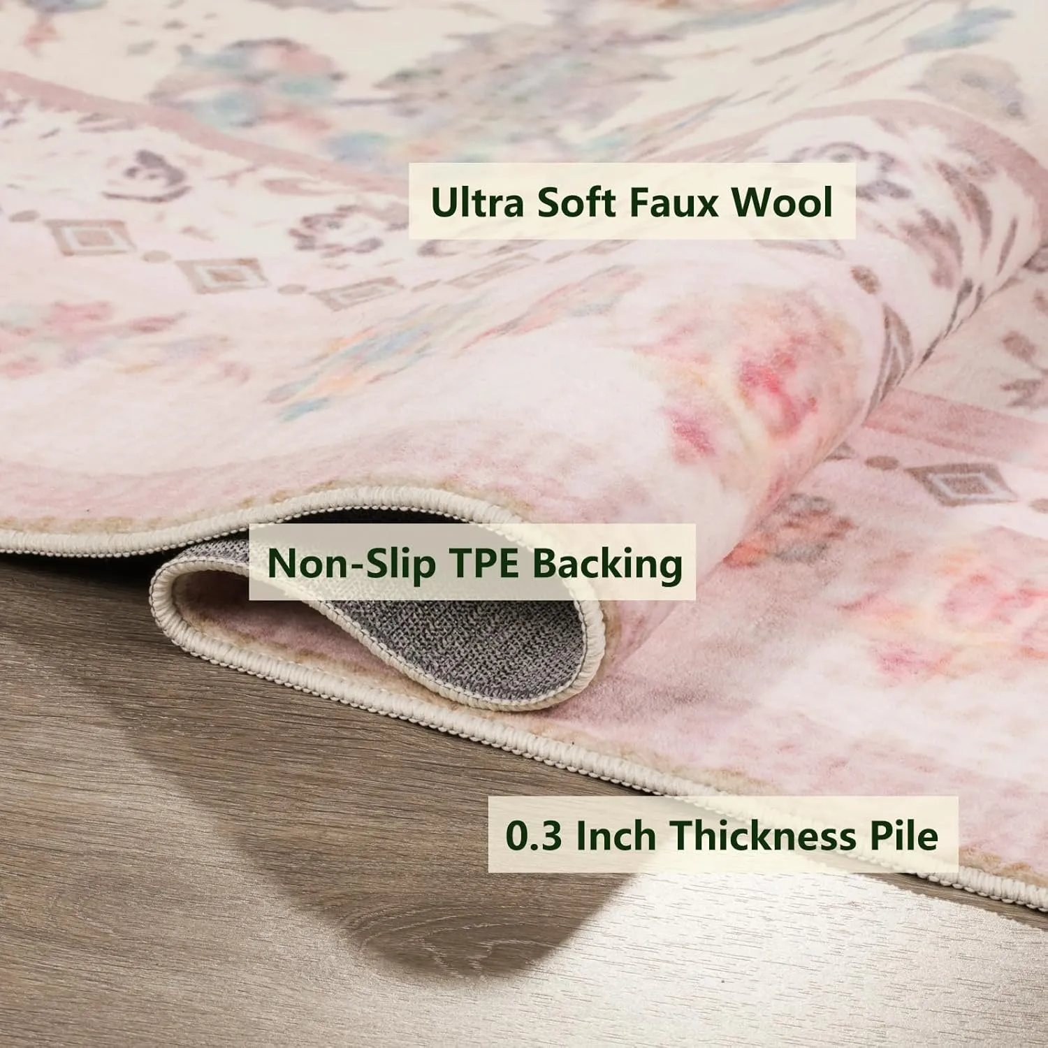 Area Rug - Vintage 5x7 Non-Slip Backing Area Rugs Light Pink Soft Faux Wool Carpet Foldable & Machine Washable Rugs for Living Room Bedroom Dining Room Nursery Home Office