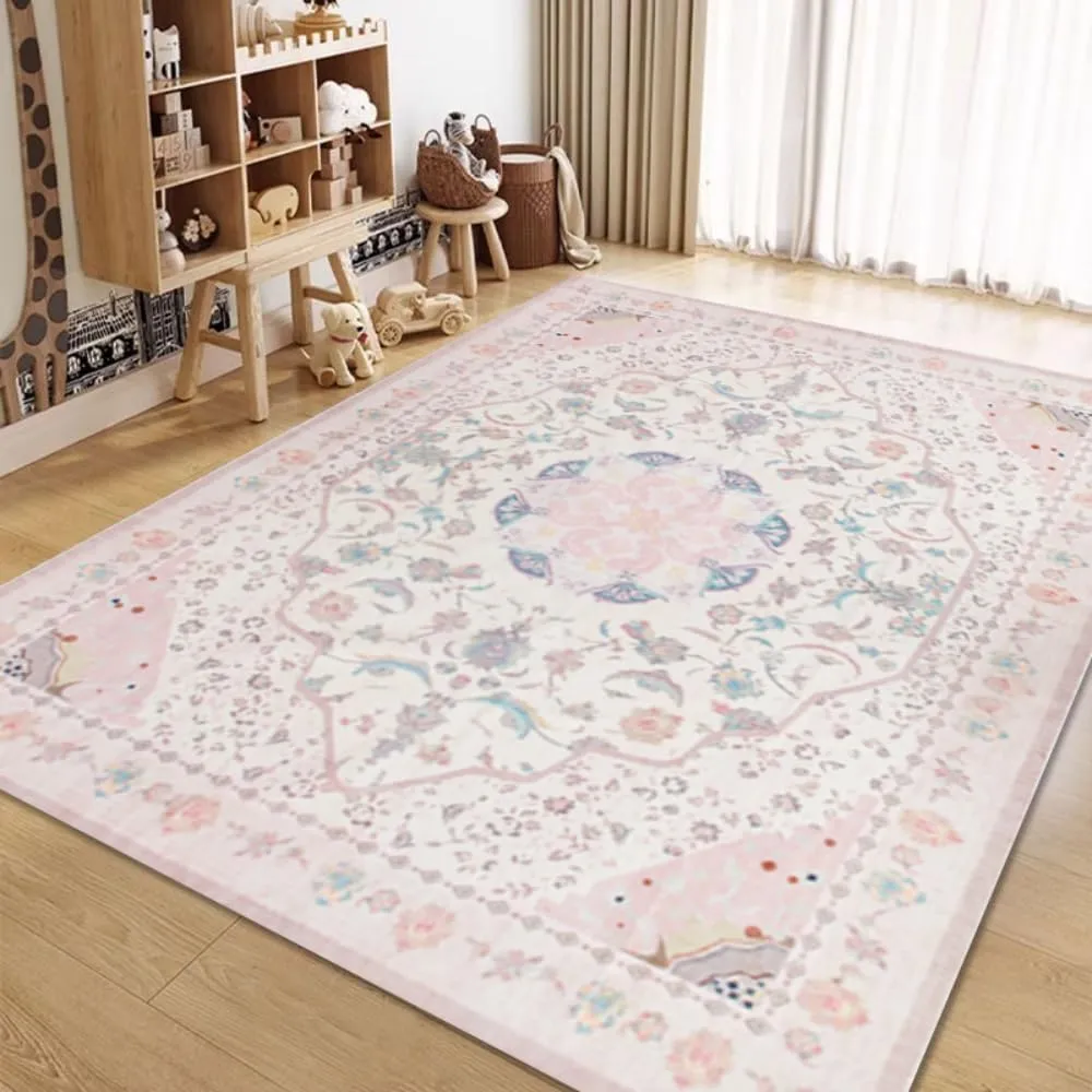 Area Rug - Vintage 5x7 Non-Slip Backing Area Rugs Light Pink Soft Faux Wool Carpet Foldable & Machine Washable Rugs for Living Room Bedroom Dining Room Nursery Home Office