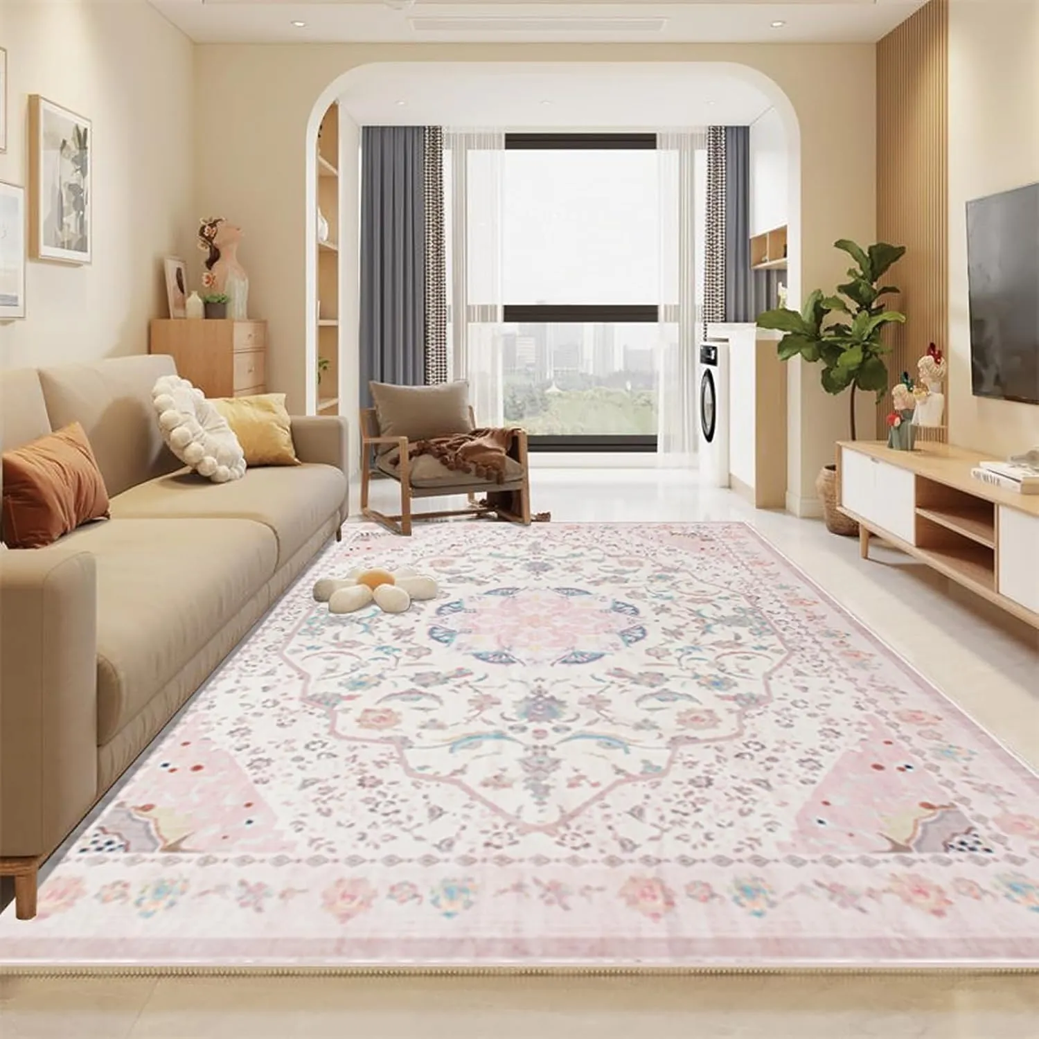Area Rug - Vintage 5x7 Non-Slip Backing Area Rugs Light Pink Soft Faux Wool Carpet Foldable & Machine Washable Rugs for Living Room Bedroom Dining Room Nursery Home Office