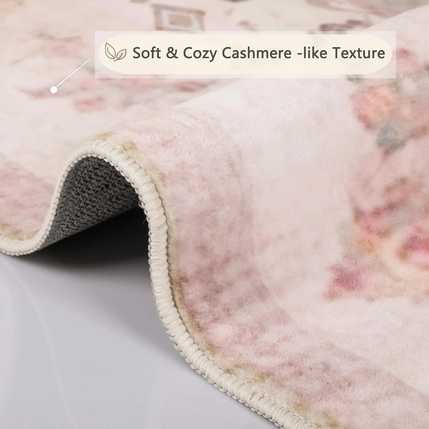 Area Rug - Vintage 5x7 Non-Slip Backing Area Rugs Light Pink Soft Faux Wool Carpet Foldable & Machine Washable Rugs for Living Room Bedroom Dining Room Nursery Home Office