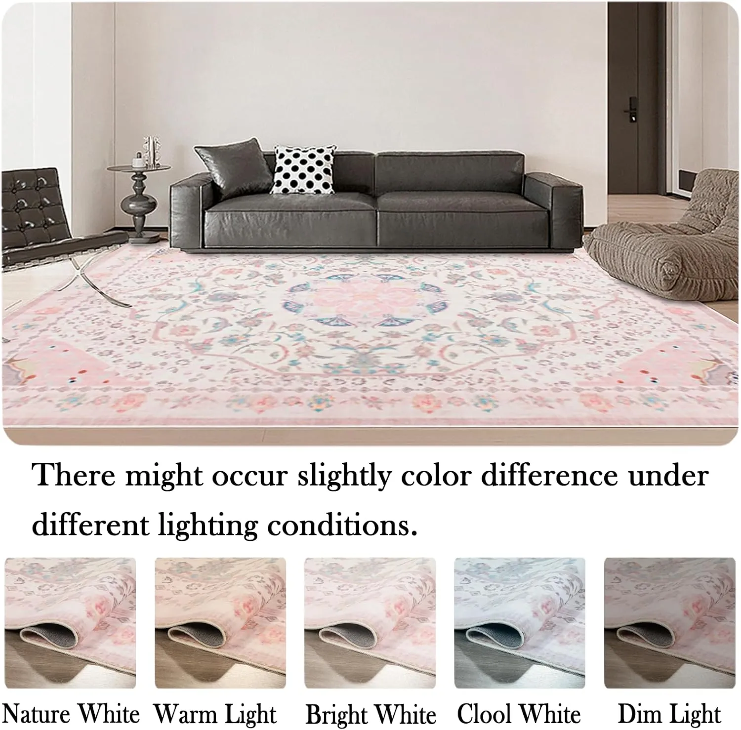 Area Rug - Vintage 5x7 Non-Slip Backing Area Rugs Light Pink Soft Faux Wool Carpet Foldable & Machine Washable Rugs for Living Room Bedroom Dining Room Nursery Home Office