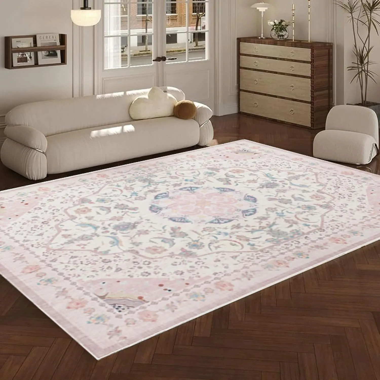 Area Rug - Vintage 5x7 Non-Slip Backing Area Rugs Light Pink Soft Faux Wool Carpet Foldable & Machine Washable Rugs for Living Room Bedroom Dining Room Nursery Home Office