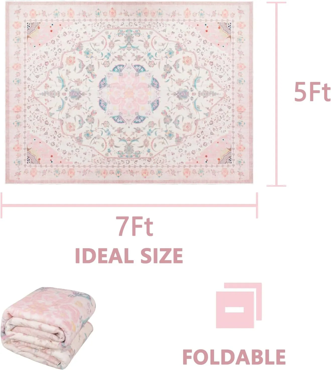 Area Rug - Vintage 5x7 Non-Slip Backing Area Rugs Light Pink Soft Faux Wool Carpet Foldable & Machine Washable Rugs for Living Room Bedroom Dining Room Nursery Home Office