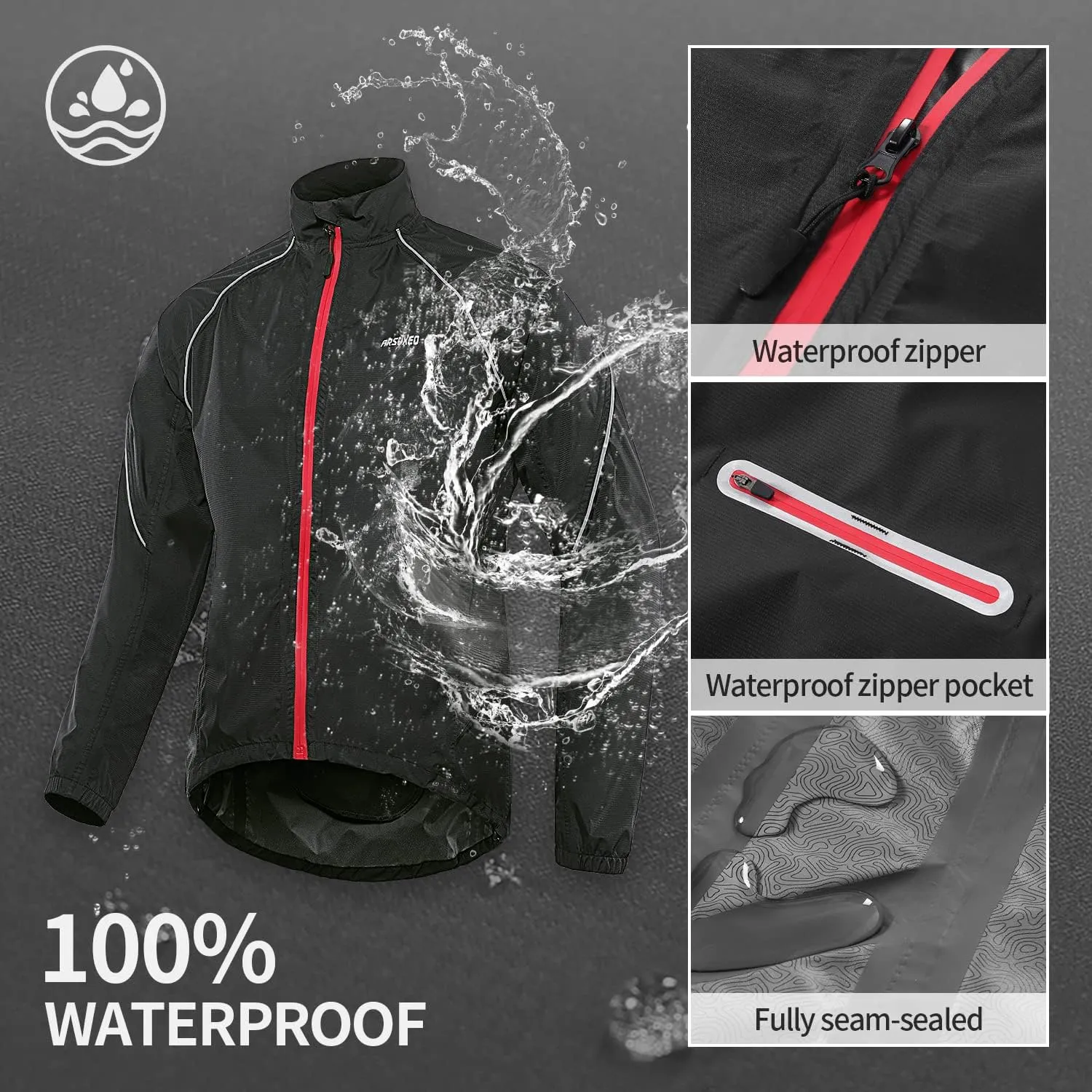 ARSUXEO Waterproof Running Cycling Jacket for Men Breathable Bike Rain Jacket Bicycle Coat Clothing Windbreaker