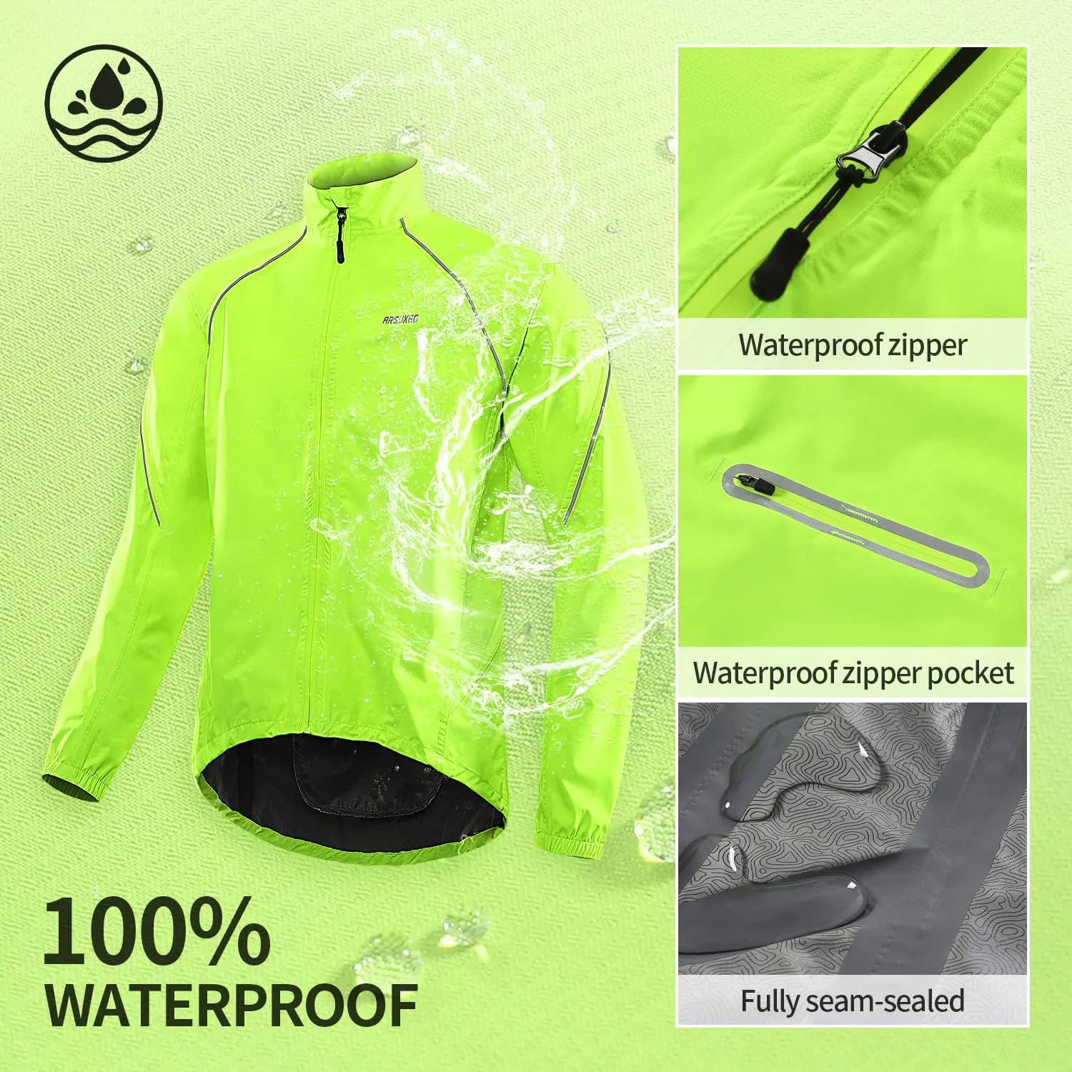 ARSUXEO Waterproof Running Cycling Jacket for Men Breathable Bike Rain Jacket Bicycle Coat Clothing Windbreaker