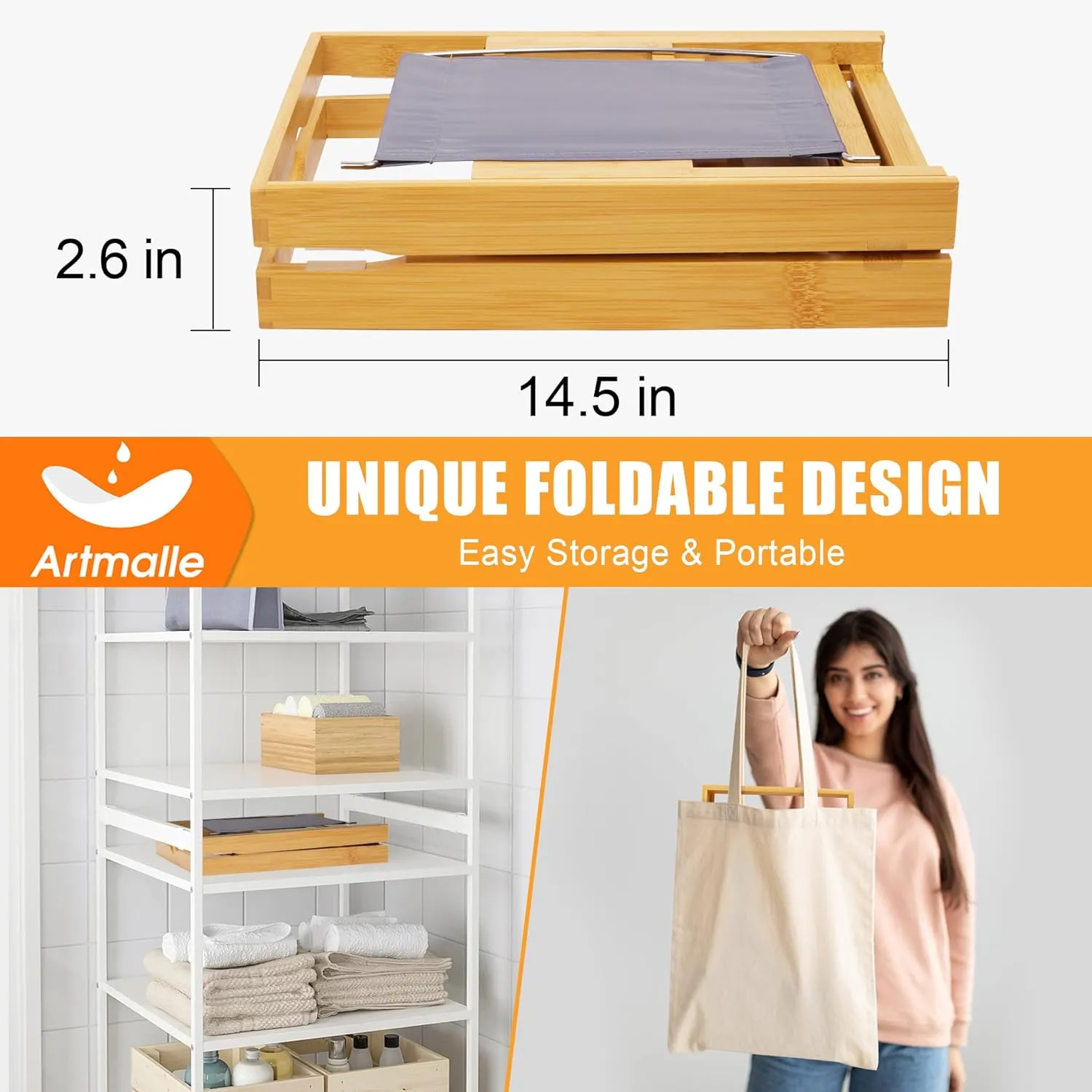 Artmalle Luxury Bathtub Caddy Tray for Tub - Foldable Bamboo Bath Table Tray with Book and Wine Glass Holder, Expandable Bathroom Accessories for Spa or Reading Lite Style