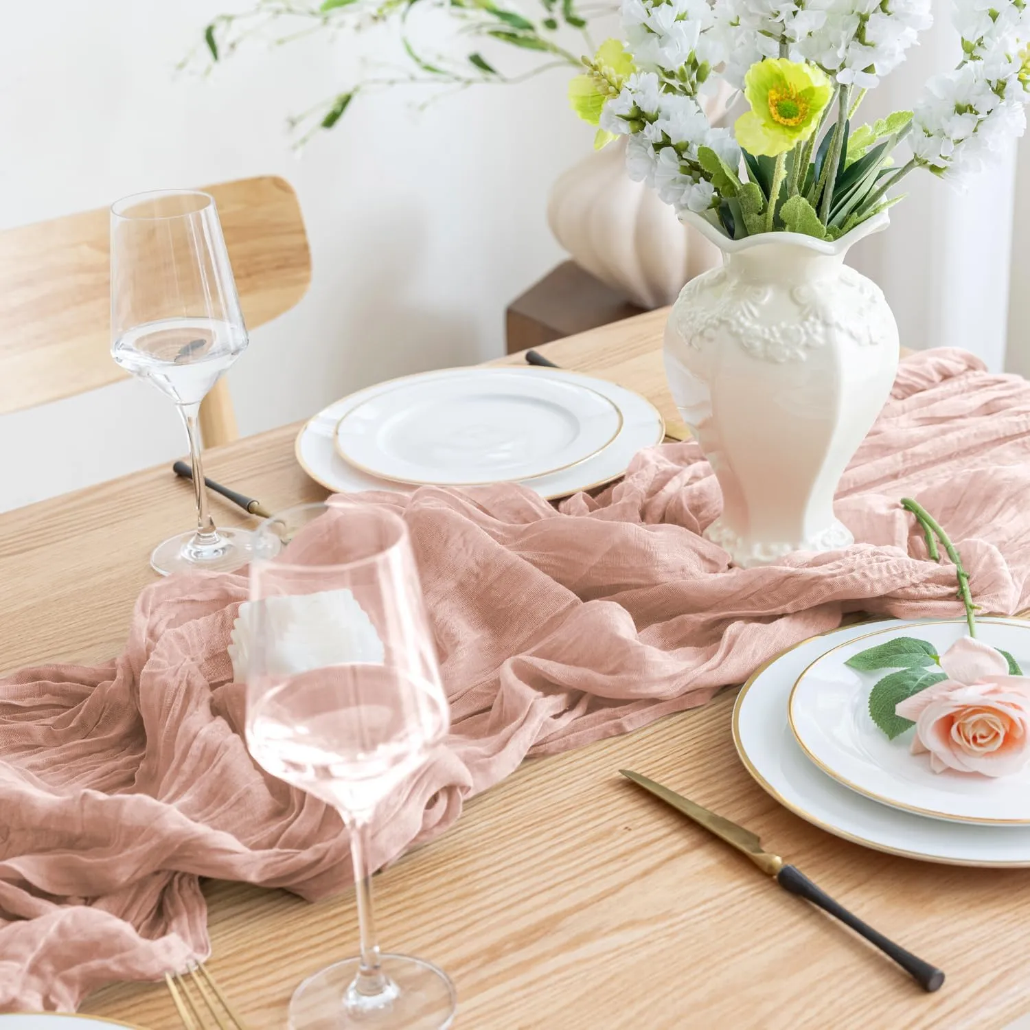 Asee'm 12pcs Cheesecloth Table Runner 120 Inches Dusty Pink Boho Gauze Cheese Cloth Runner 10FT Rustic Sheer Table Runners for Summer Wedding Baby Shower Holiday Party Decoration