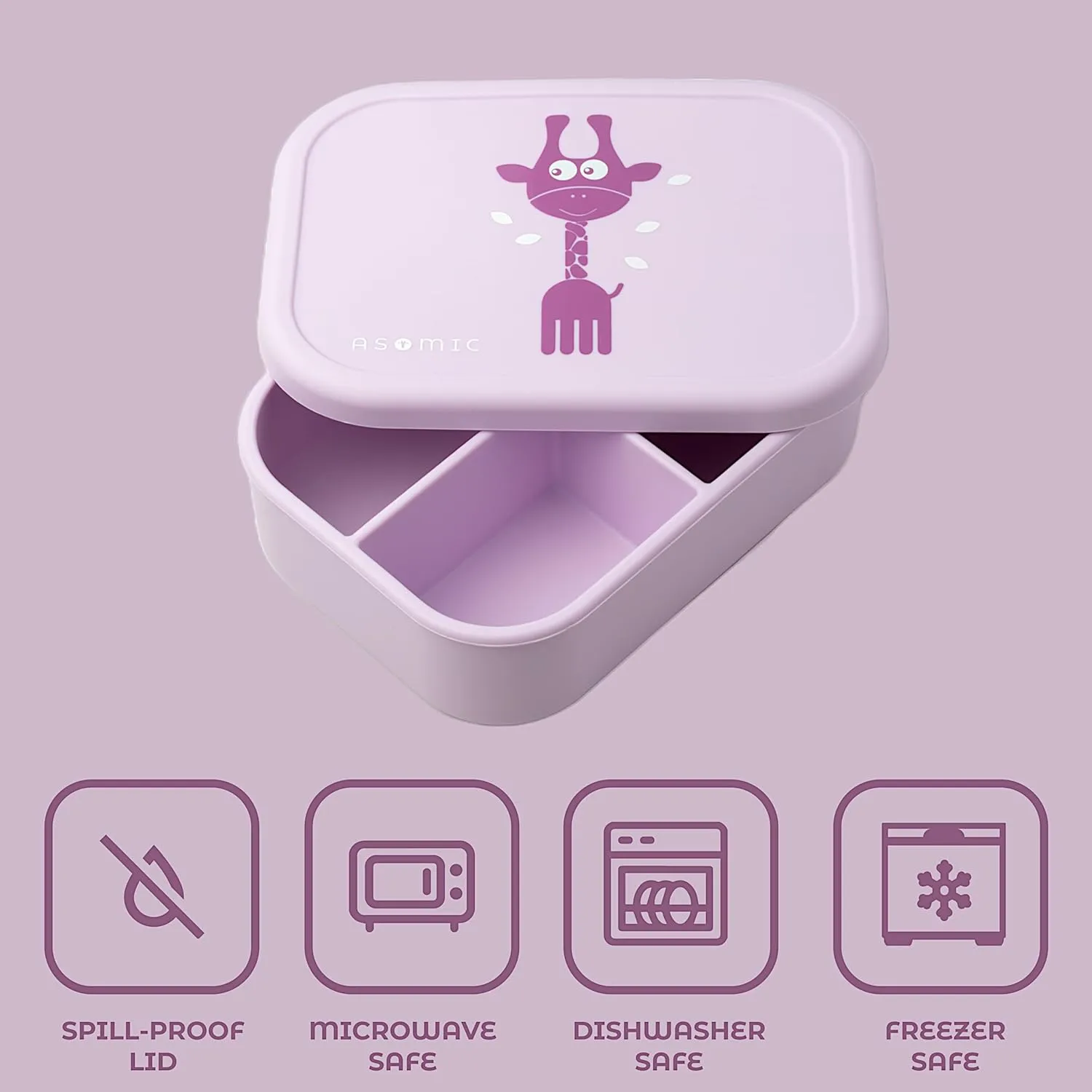 ASOMIC Silicone Bento Lunch Box for Toddlers & Kids, Leakproof & BPA-Free, 3 Compartments, Microwave & Dishwasher Safe, Ideal for Daycare, Preschool & Baby Meals (Lavender)