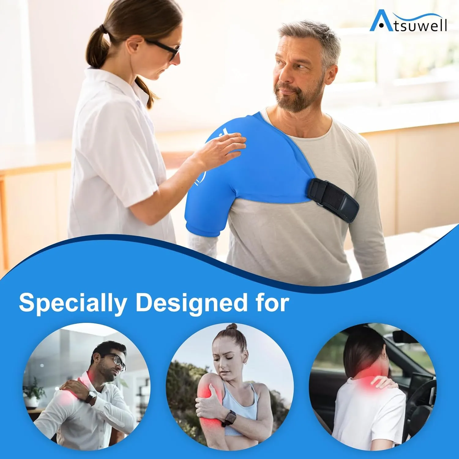 Atsuwell XL Shoulder Ice Pack Wrap, Shoulders Ice Packs Rotator Cuff Cold Therapy, Cold Pack Shoulder Compression Sleeve for Women Men, Shoulders Cold Packs Sleeve for Discomfort, Blue