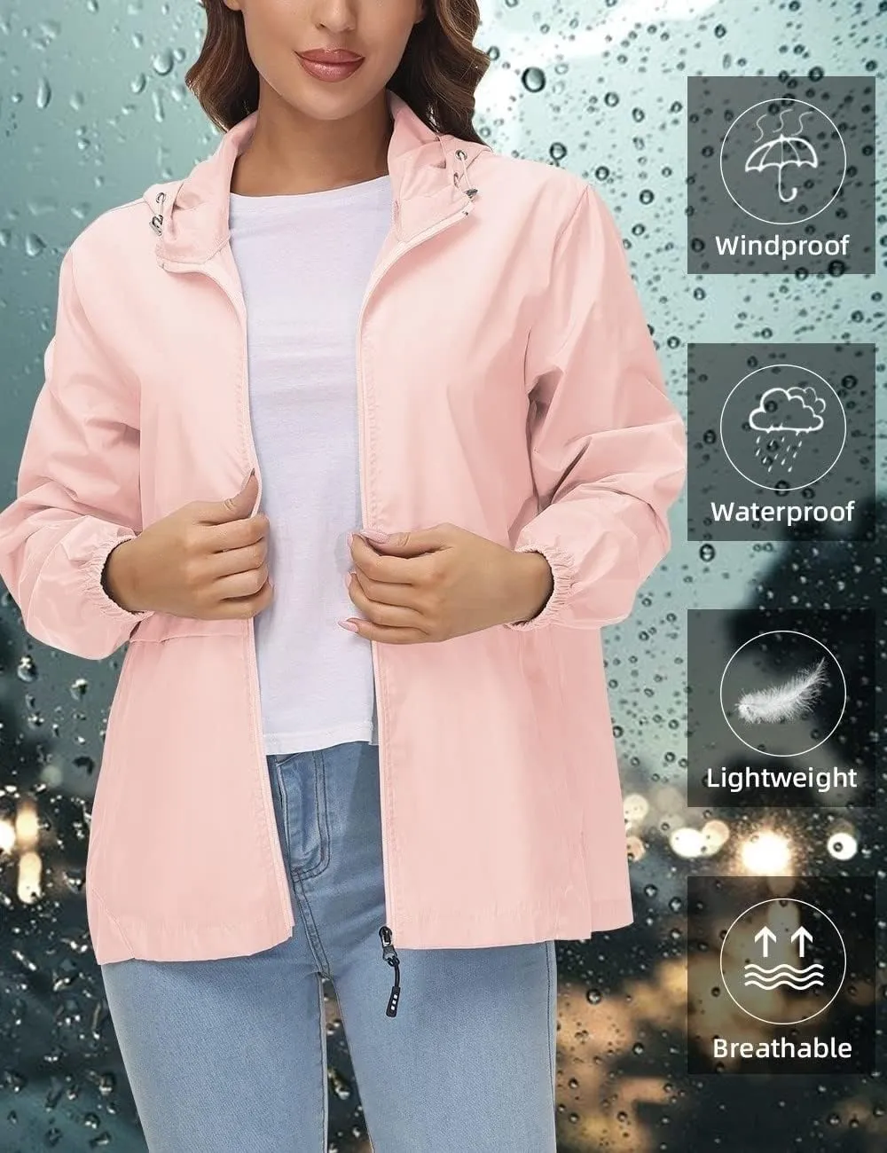 Avoogue Womens Waterproof Rain Jacket Lightweight Raincoat Packable Hooded Outdoor Windbreaker