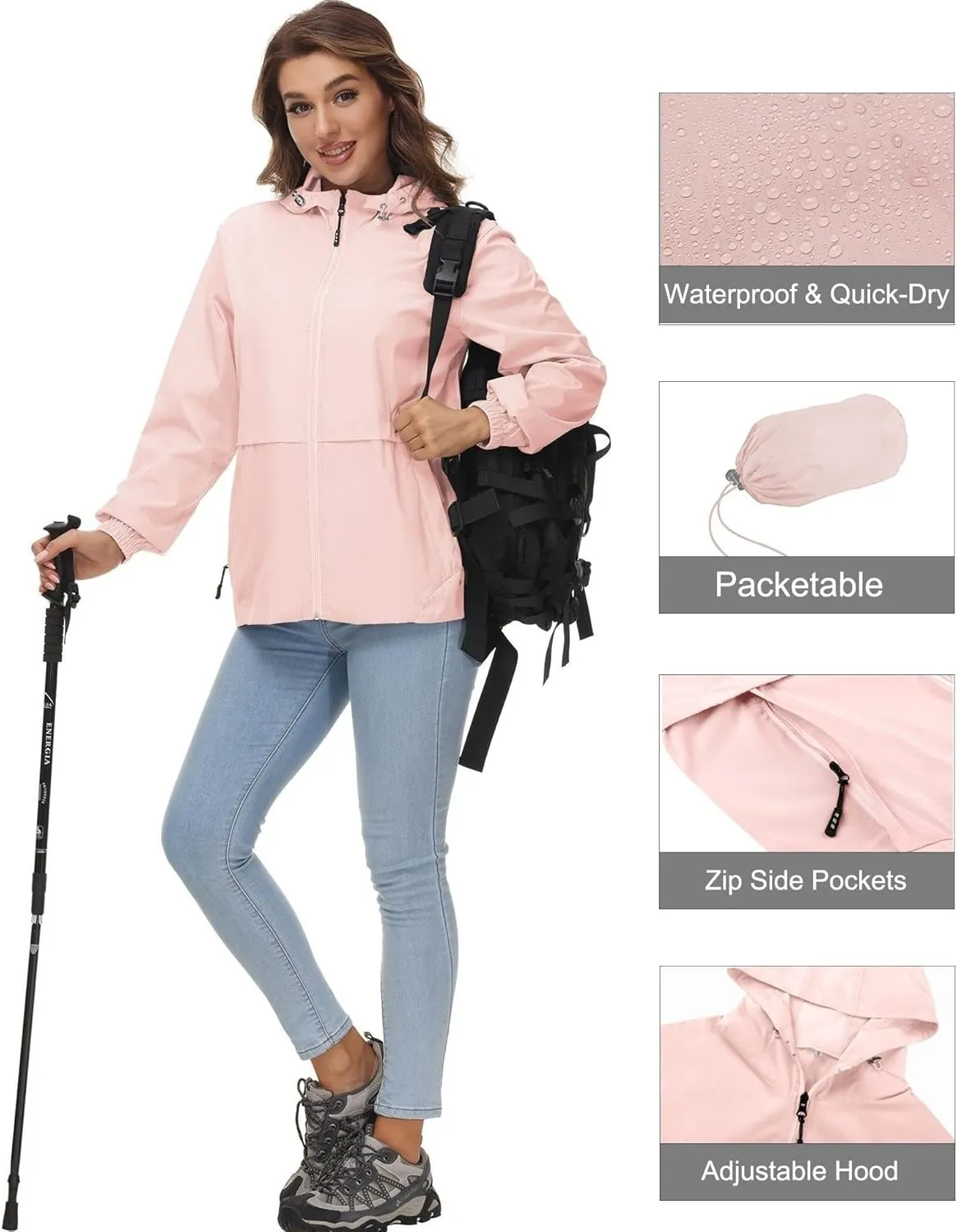 Avoogue Womens Waterproof Rain Jacket Lightweight Raincoat Packable Hooded Outdoor Windbreaker