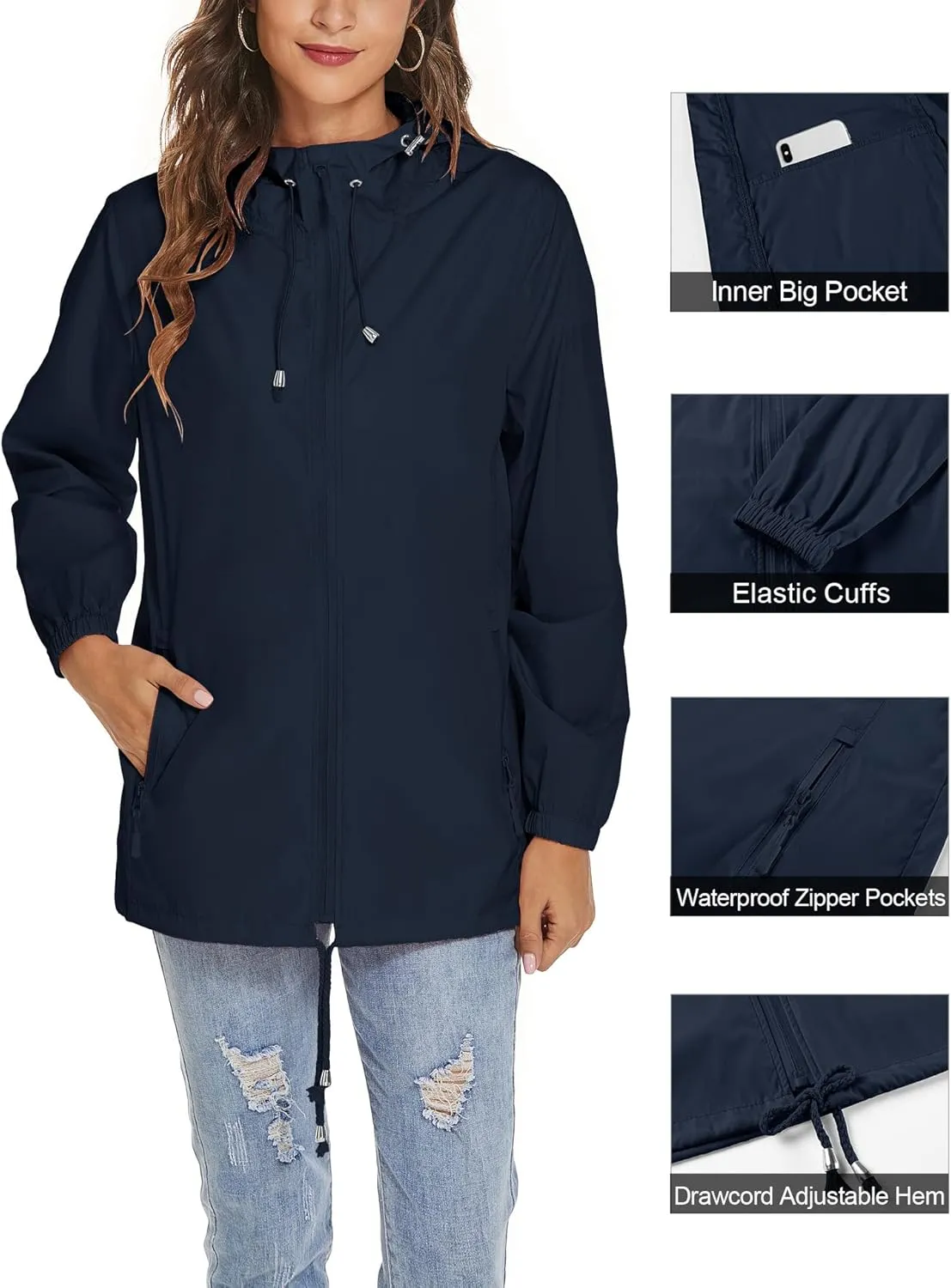 Avoogue Womens Waterproof Raincoat Lightweight Breathable Rain Jacket Hooded Rain Coat Outdoor Active Windbreaker with Pocket