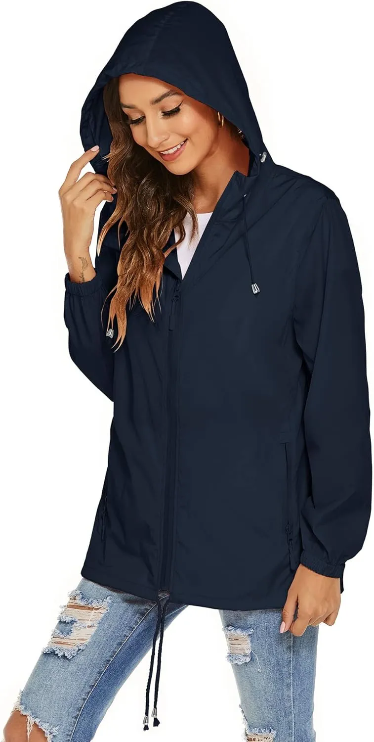 Avoogue Womens Waterproof Raincoat Lightweight Breathable Rain Jacket Hooded Rain Coat Outdoor Active Windbreaker with Pocket