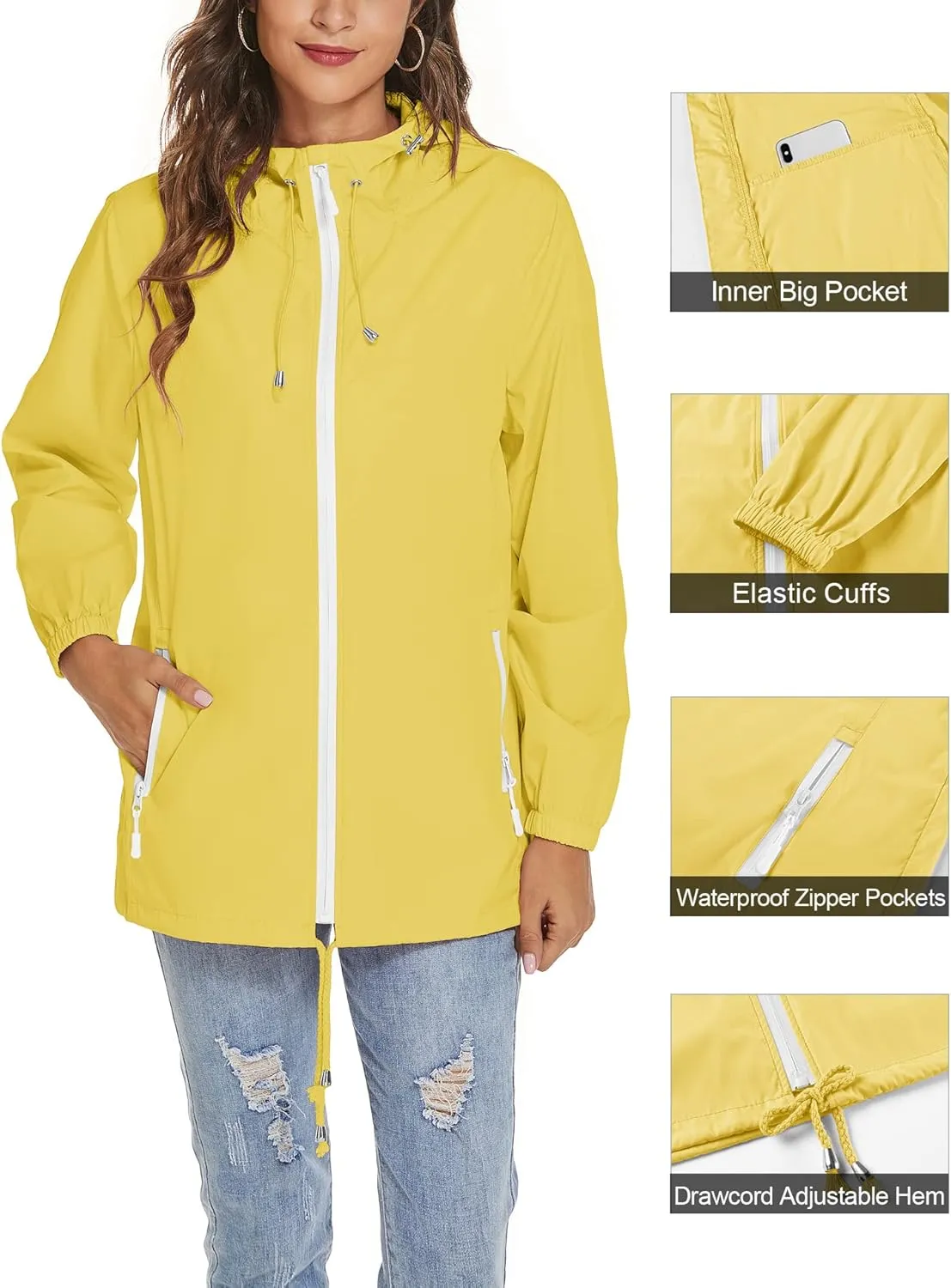 Avoogue Womens Waterproof Raincoat Lightweight Breathable Rain Jacket Hooded Rain Coat Outdoor Active Windbreaker with Pocket