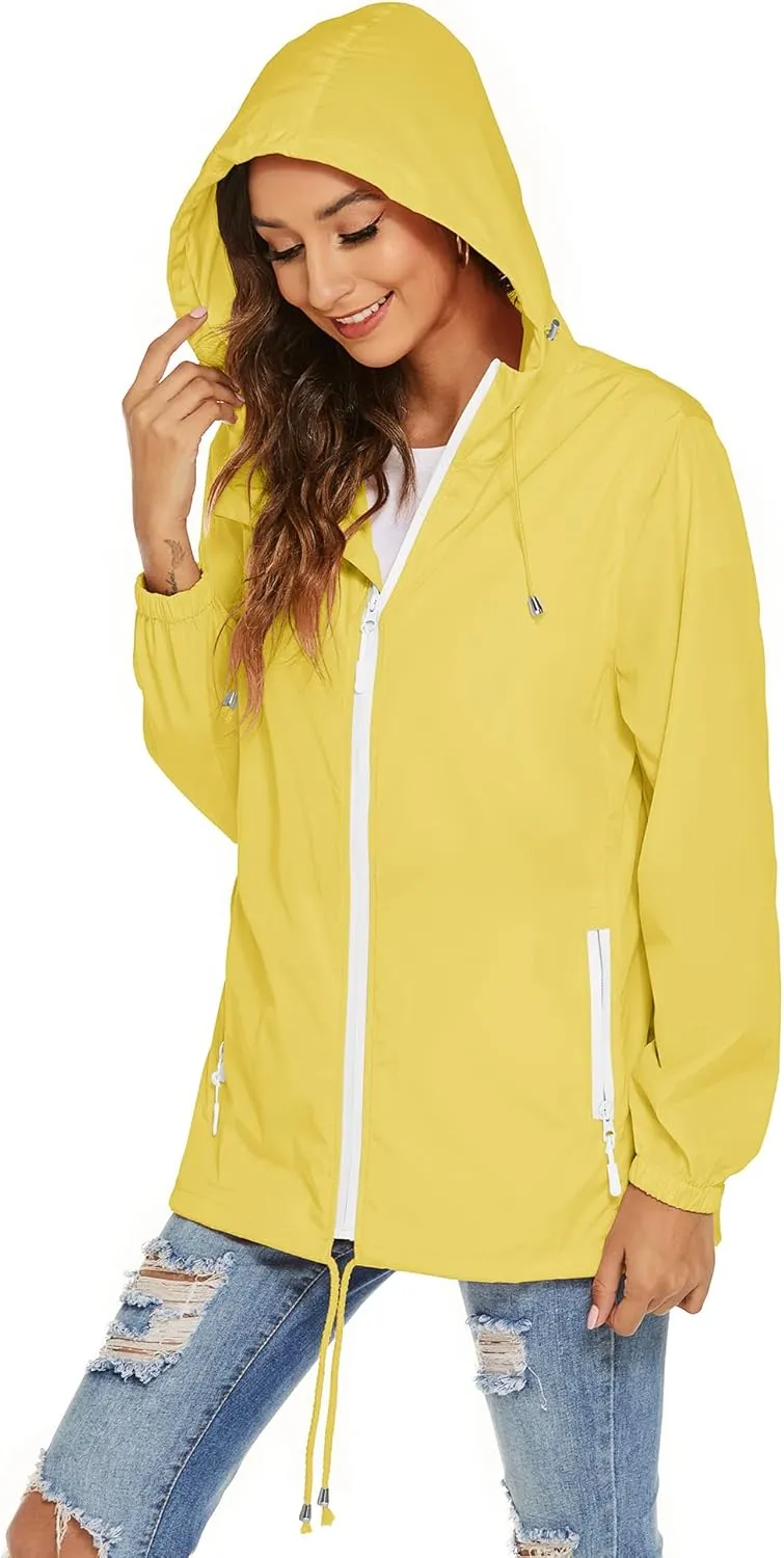 Avoogue Womens Waterproof Raincoat Lightweight Breathable Rain Jacket Hooded Rain Coat Outdoor Active Windbreaker with Pocket