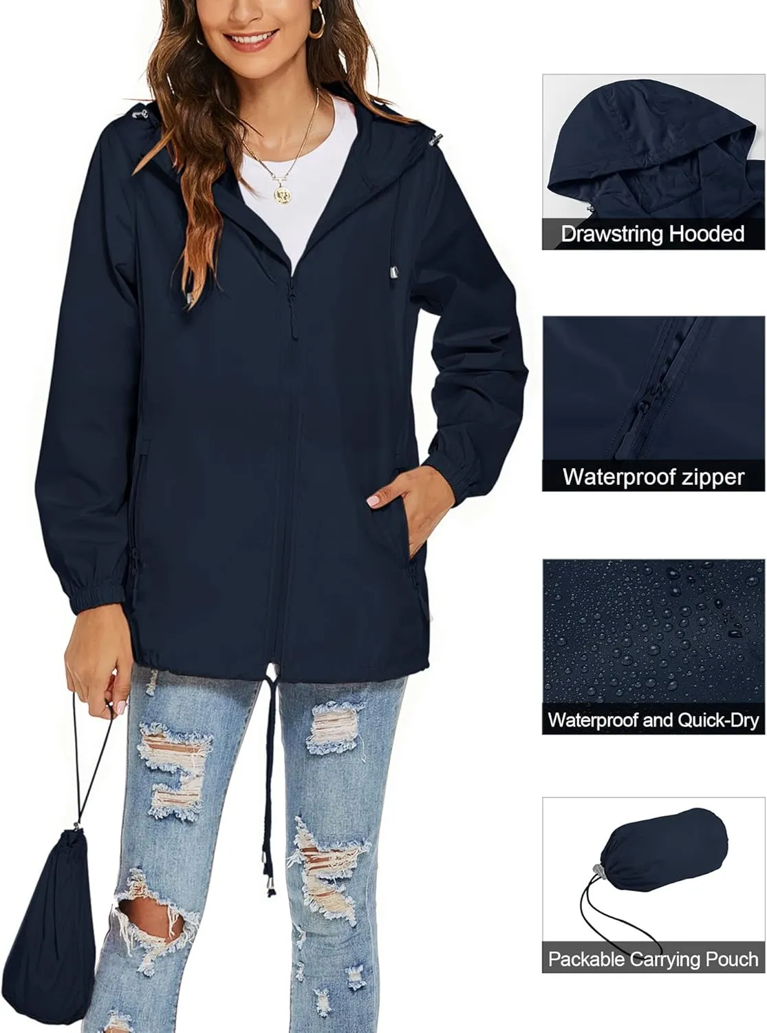 Avoogue Womens Waterproof Raincoat Lightweight Breathable Rain Jacket Hooded Rain Coat Outdoor Active Windbreaker with Pocket