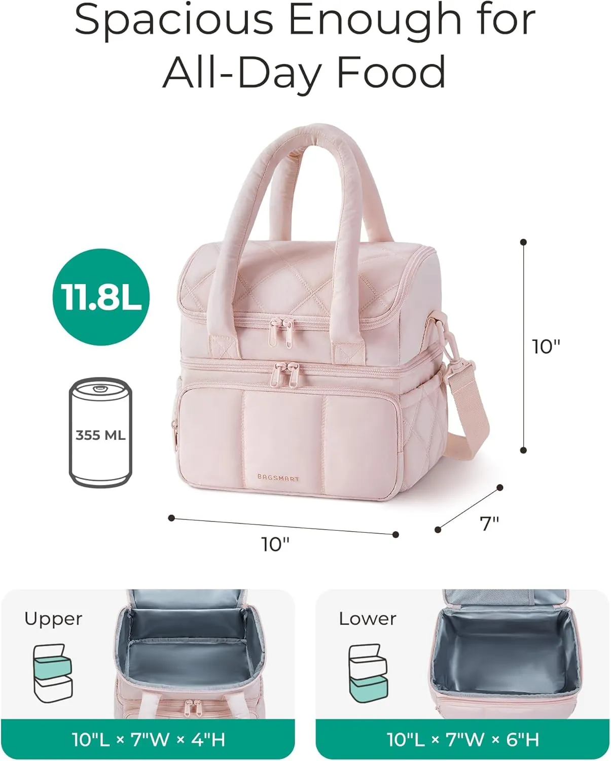 BAGSMART Lunch Bag Women, Double Deck Insulated Lunch Box, Quilted Puffer Lunch Tote, Leakproof, Durable & Reusable Large Lunch Cooler For Work Picnic Travel Meal Prep, Black