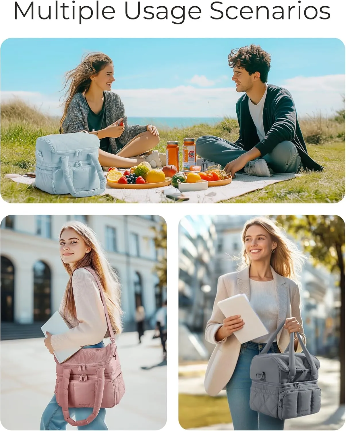BAGSMART Lunch Bag Women, Double Deck Insulated Lunch Box, Quilted Puffer Lunch Tote, Leakproof, Durable & Reusable Large Lunch Cooler For Work Picnic Travel Meal Prep, Gray