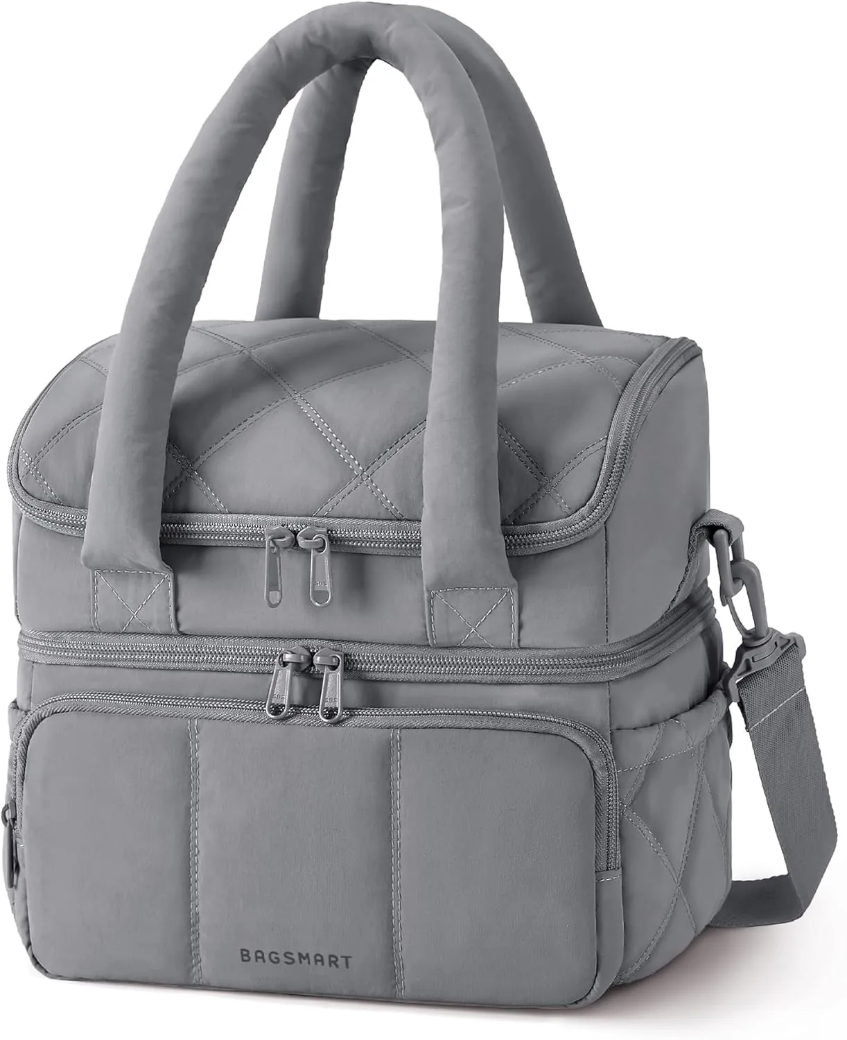 BAGSMART Lunch Bag Women, Double Deck Insulated Lunch Box, Quilted Puffer Lunch Tote, Leakproof, Durable & Reusable Large Lunch Cooler For Work Picnic Travel Meal Prep, Gray