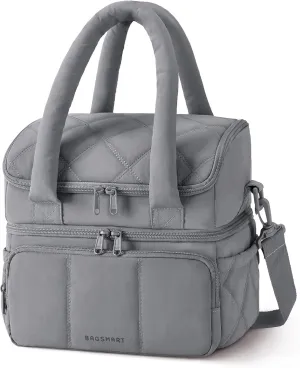 BAGSMART Lunch Bag Women, Double Deck Insulated Lunch Box, Quilted Puffer Lunch Tote, Leakproof, Durable & Reusable Large Lunch Cooler For Work Picnic Travel Meal Prep, Gray