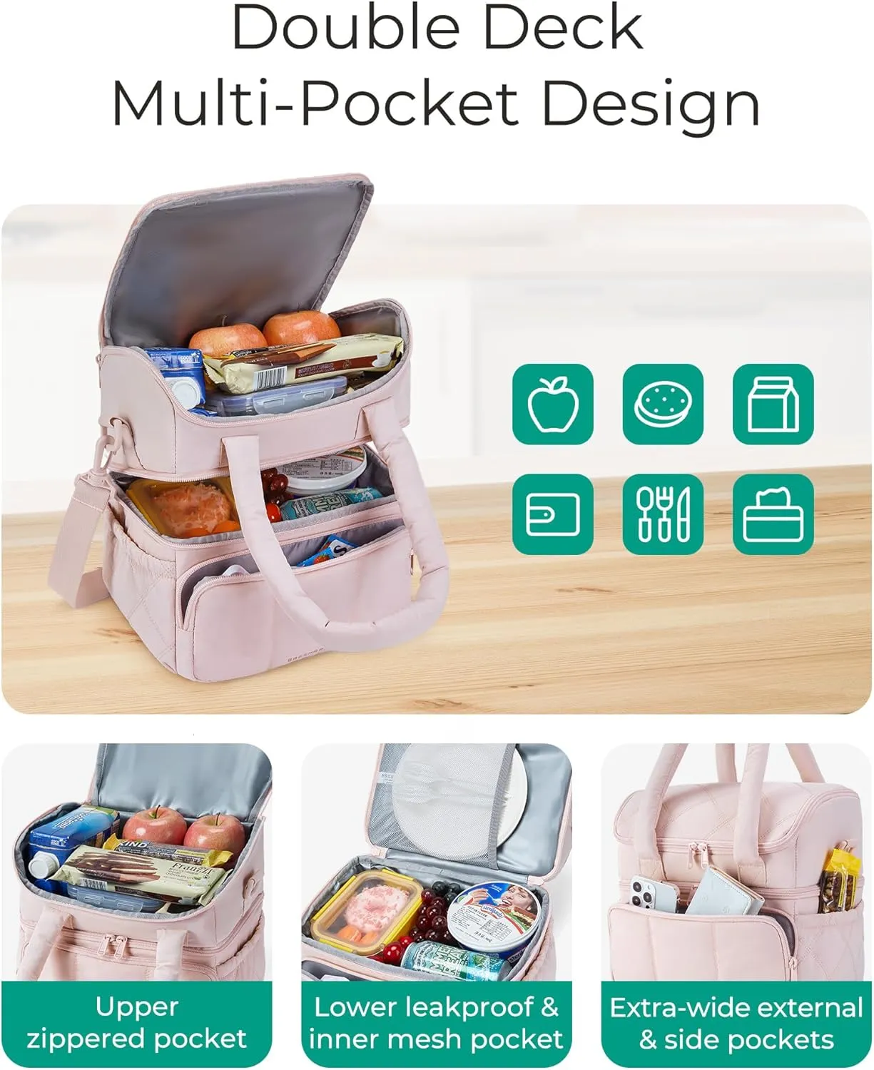 BAGSMART Lunch Bag Women, Double Deck Insulated Lunch Box, Quilted Puffer Lunch Tote, Leakproof, Durable & Reusable Large Lunch Cooler For Work Picnic Travel Meal Prep, Gray