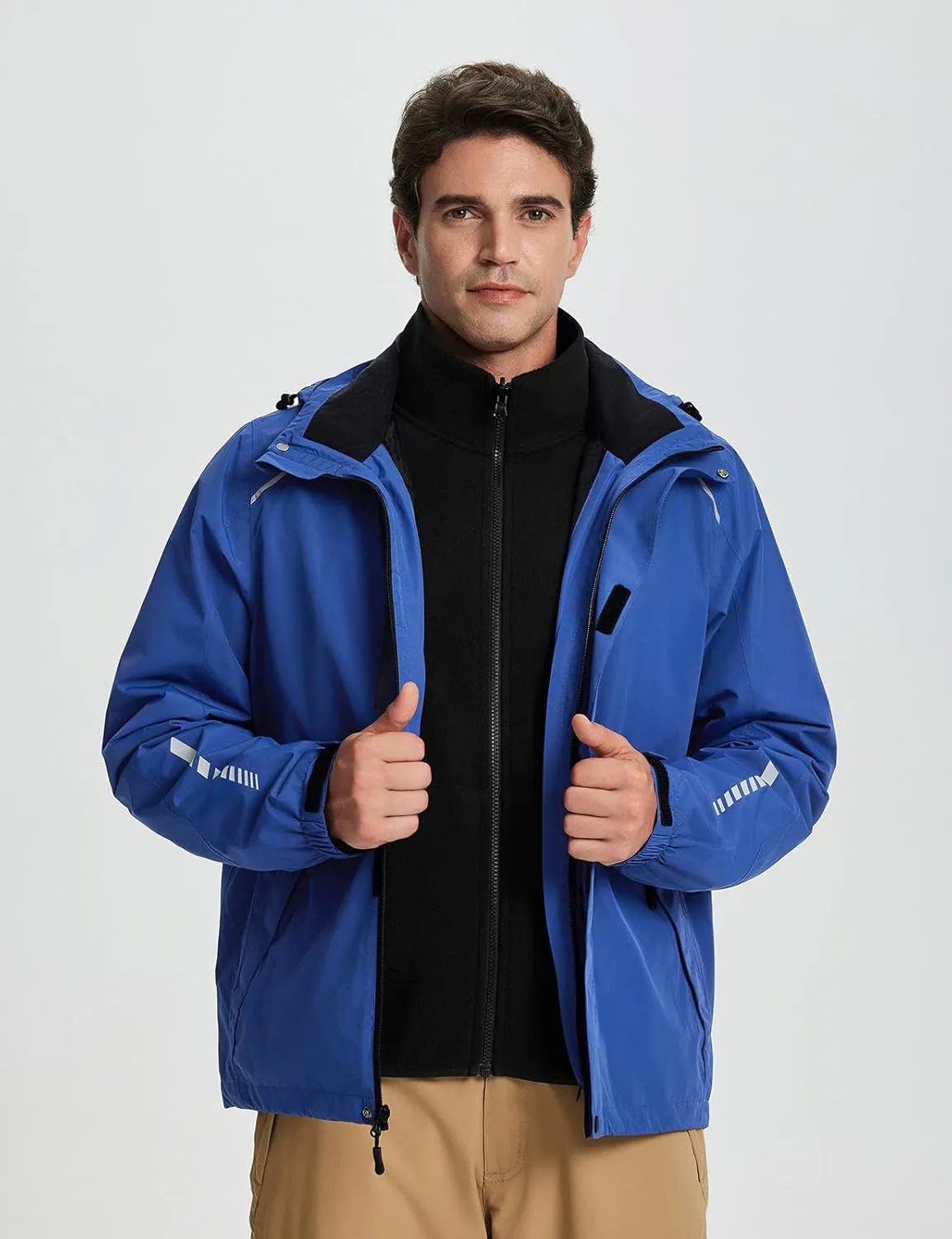 baleaf Men's Rain Jacket 3 In 1 Winter Ski Waterproof Windbreaker Hooded Reflective Packable with Polar Fleece Jacket