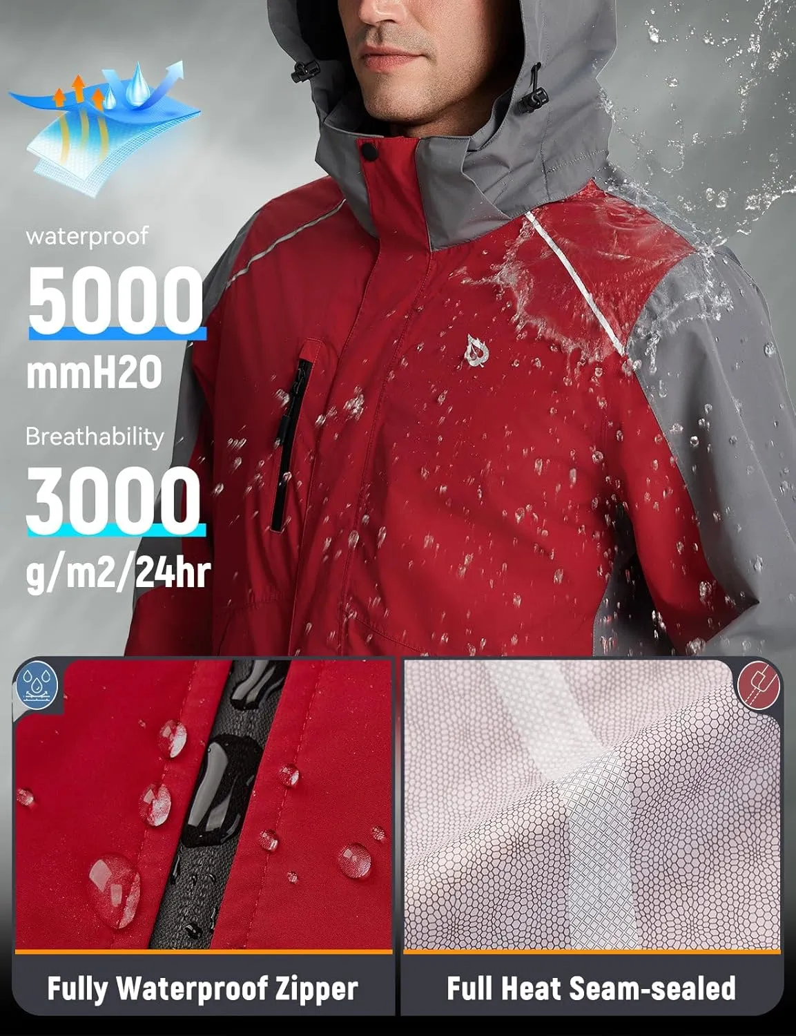 baleaf Men's Rain Jacket 3 In 1 Winter Ski Waterproof Windbreaker Hooded Reflective Packable with Polar Fleece Jacket