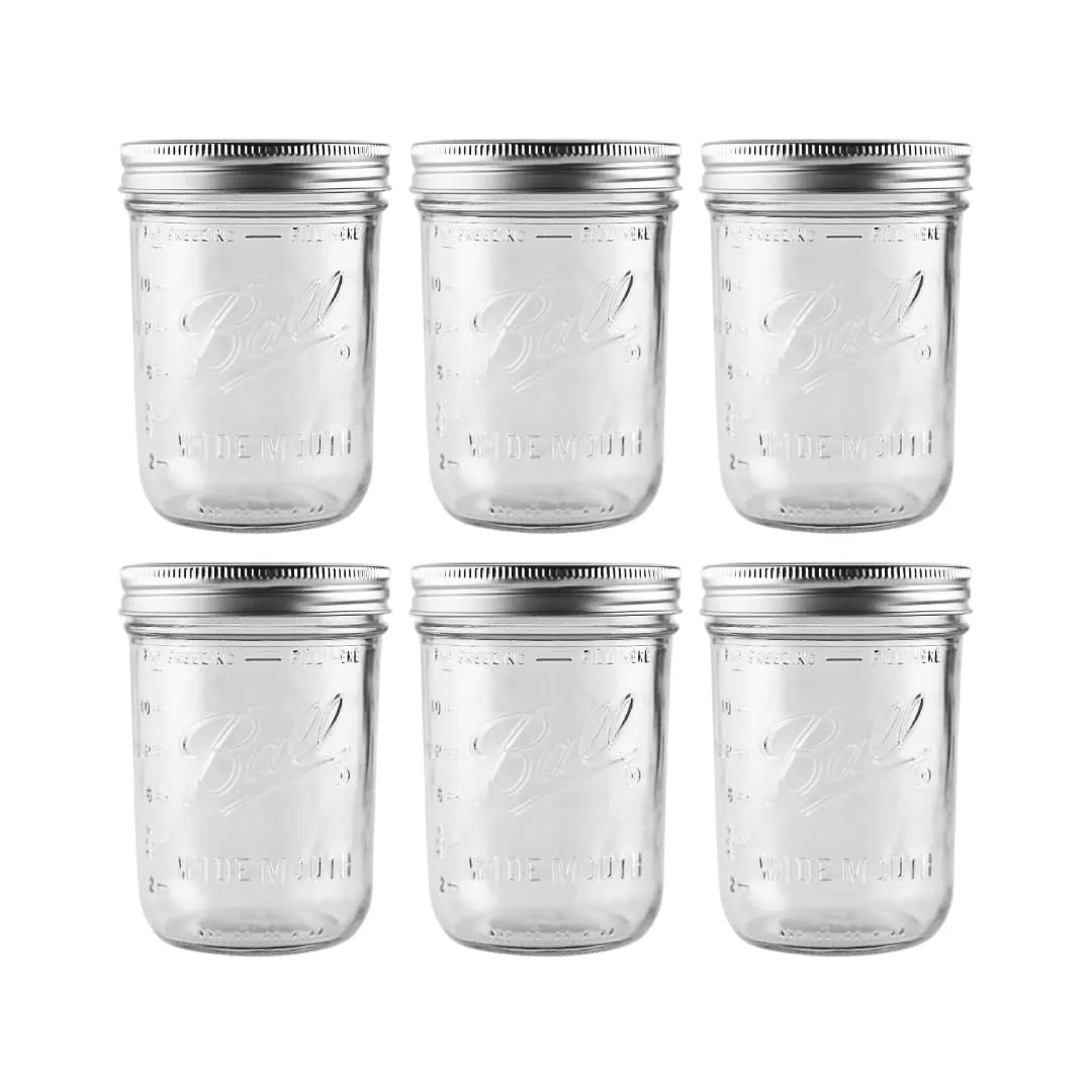 Ball - 16 oz Wide Mouth Glass Mason Jars | 6 Pack Jars with Airtight Lids | Large Glass Jar for Food Storage with Lids | Ideal for Canning, Fermentation, Pickling, Kombucha Brewing