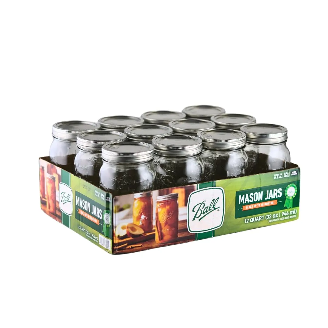 Ball - 32oz Wide Mouth Jars with Lids & Bands 12 Pack Jars, Large Glass Mason Jar for Food Storage with airtight Lid, 0.25 Gallon Glass Jar with Lid and Bands, Set of 12