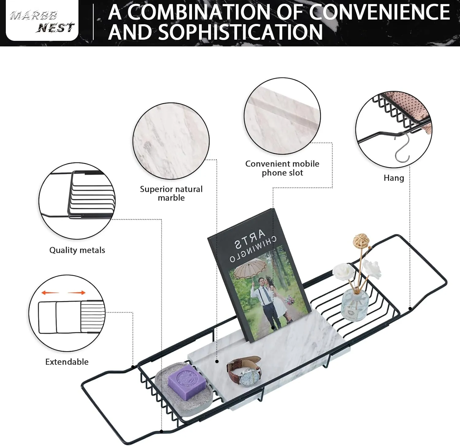Bathtub Tray Caddy for Luxury Bath Expandable Extra Wide Bath Tub Tray with Natural Marble Tray and Mobile/Tablet Stand, Ideal for Home Spa Lovers(Black   Jazz White)