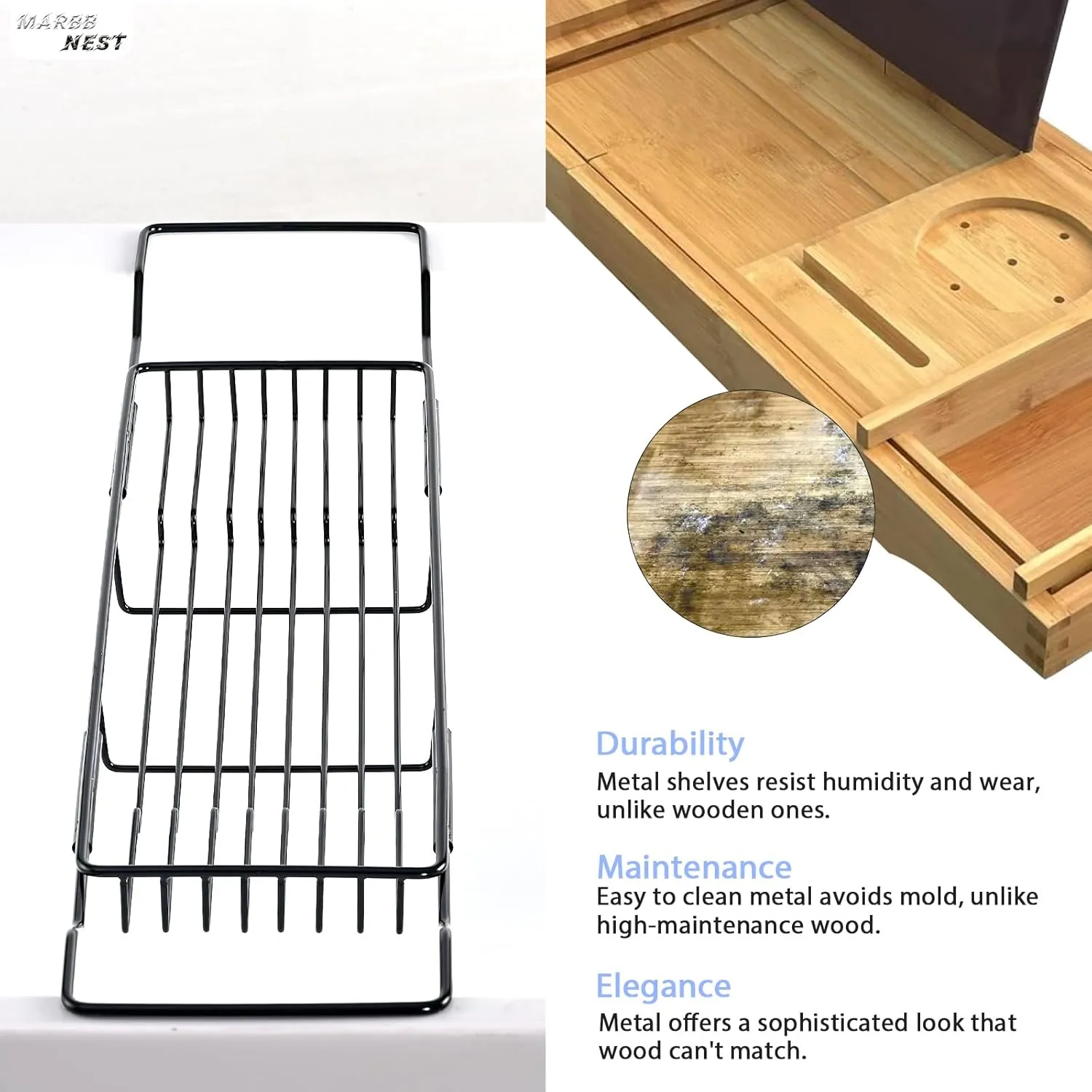Bathtub Tray Caddy for Luxury Bath Expandable Extra Wide Bath Tub Tray with Natural Marble Tray and Mobile/Tablet Stand, Ideal for Home Spa Lovers(Black   Jazz White)