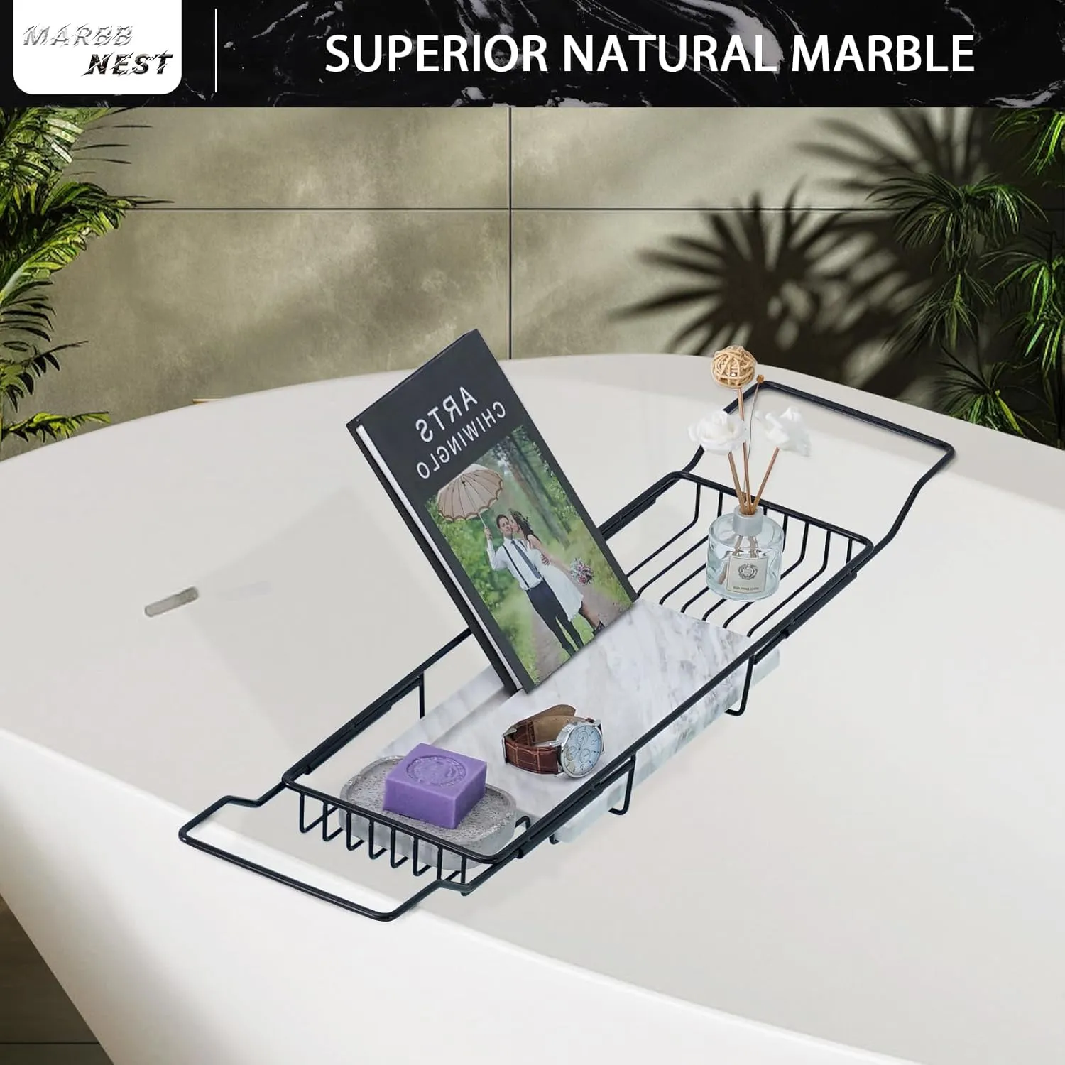 Bathtub Tray Caddy for Luxury Bath Expandable Extra Wide Bath Tub Tray with Natural Marble Tray and Mobile/Tablet Stand, Ideal for Home Spa Lovers(Black   Jazz White)