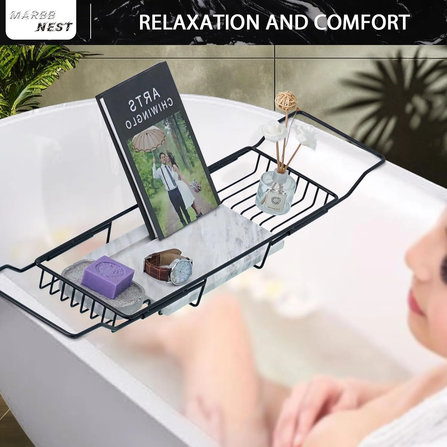 Bathtub Tray Caddy for Luxury Bath Expandable Extra Wide Bath Tub Tray with Natural Marble Tray and Mobile/Tablet Stand, Ideal for Home Spa Lovers(Black   Jazz White)