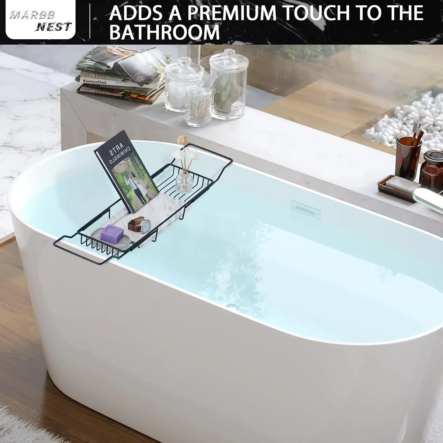 Bathtub Tray Caddy for Luxury Bath Expandable Extra Wide Bath Tub Tray with Natural Marble Tray and Mobile/Tablet Stand, Ideal for Home Spa Lovers(Black   Jazz White)