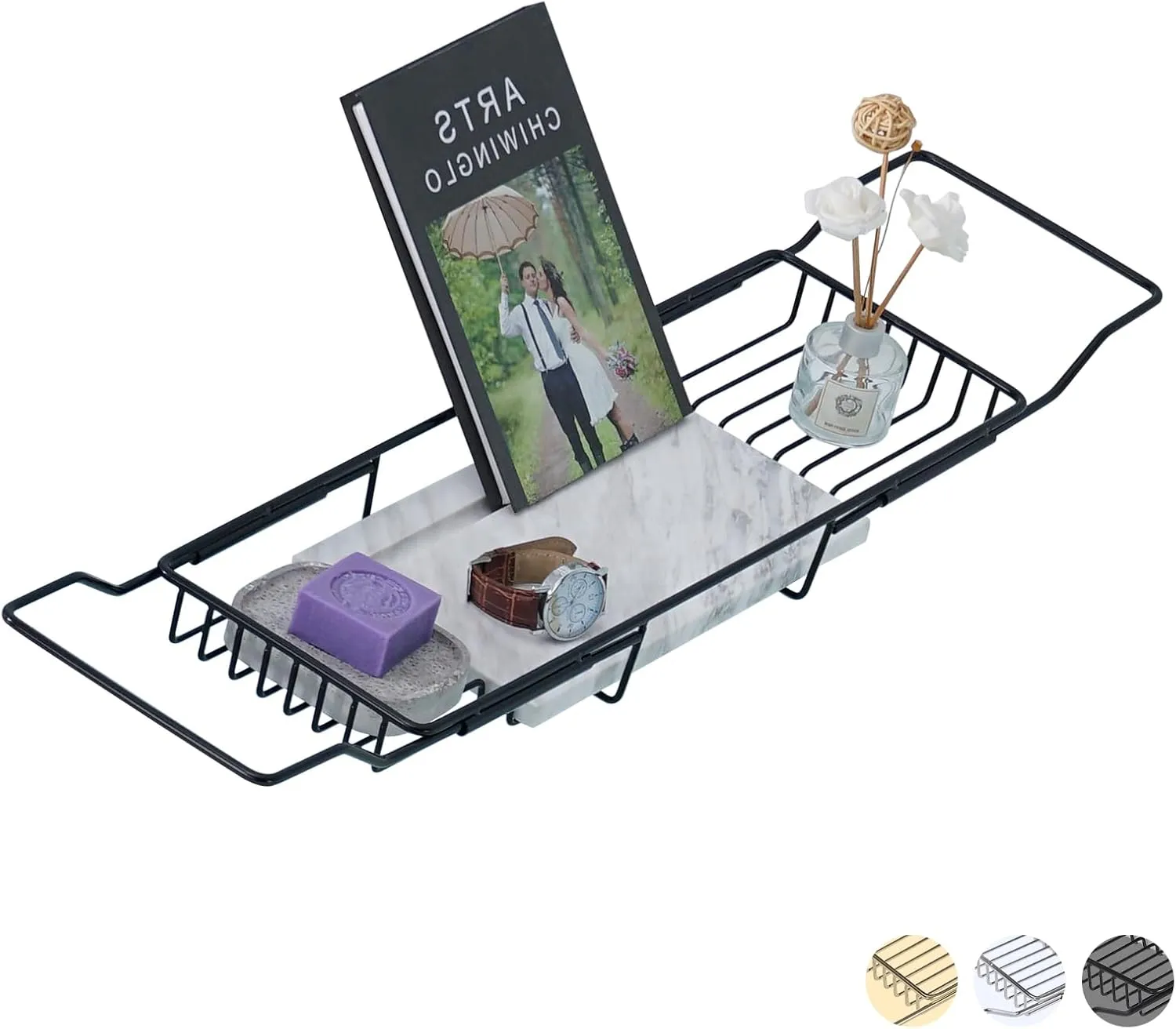 Bathtub Tray Caddy for Luxury Bath Expandable Extra Wide Bath Tub Tray with Natural Marble Tray and Mobile/Tablet Stand, Ideal for Home Spa Lovers(Black   Jazz White)