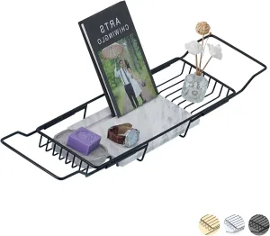 Bathtub Tray Caddy for Luxury Bath Expandable Extra Wide Bath Tub Tray with Natural Marble Tray and Mobile/Tablet Stand, Ideal for Home Spa Lovers(Black   Jazz White)