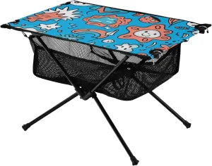 Beach Fold Table Blue Sky Cute Doodle Art Upgraded Beach Table with Carry Bag for Outdoor Beach Grill BBQ Travel
