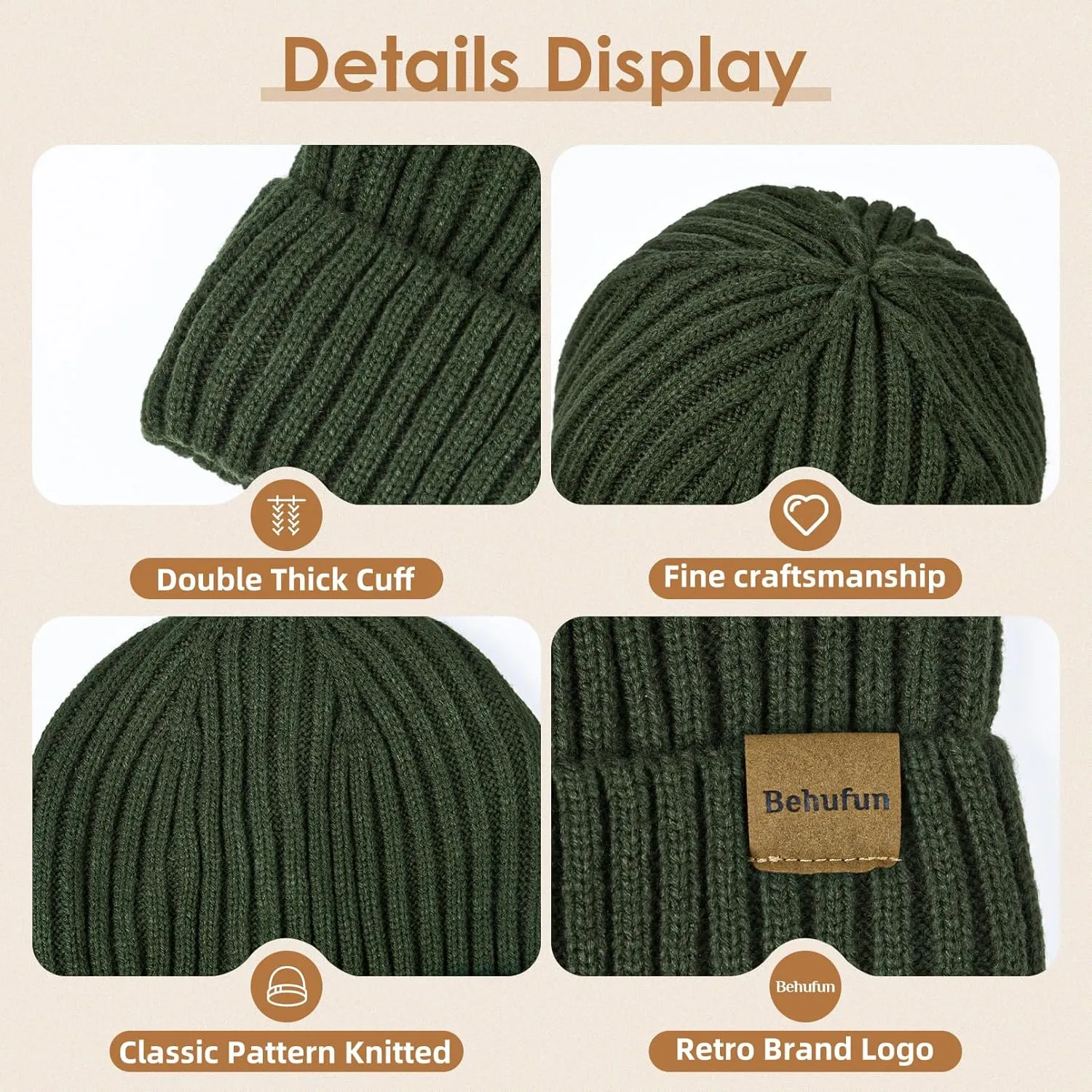 Beanies Hats Men 3 Pack, Unisex Beanie for Men Women, Warm Soft Polar Fleece Lining Thick Knit Cuff Winter Hat