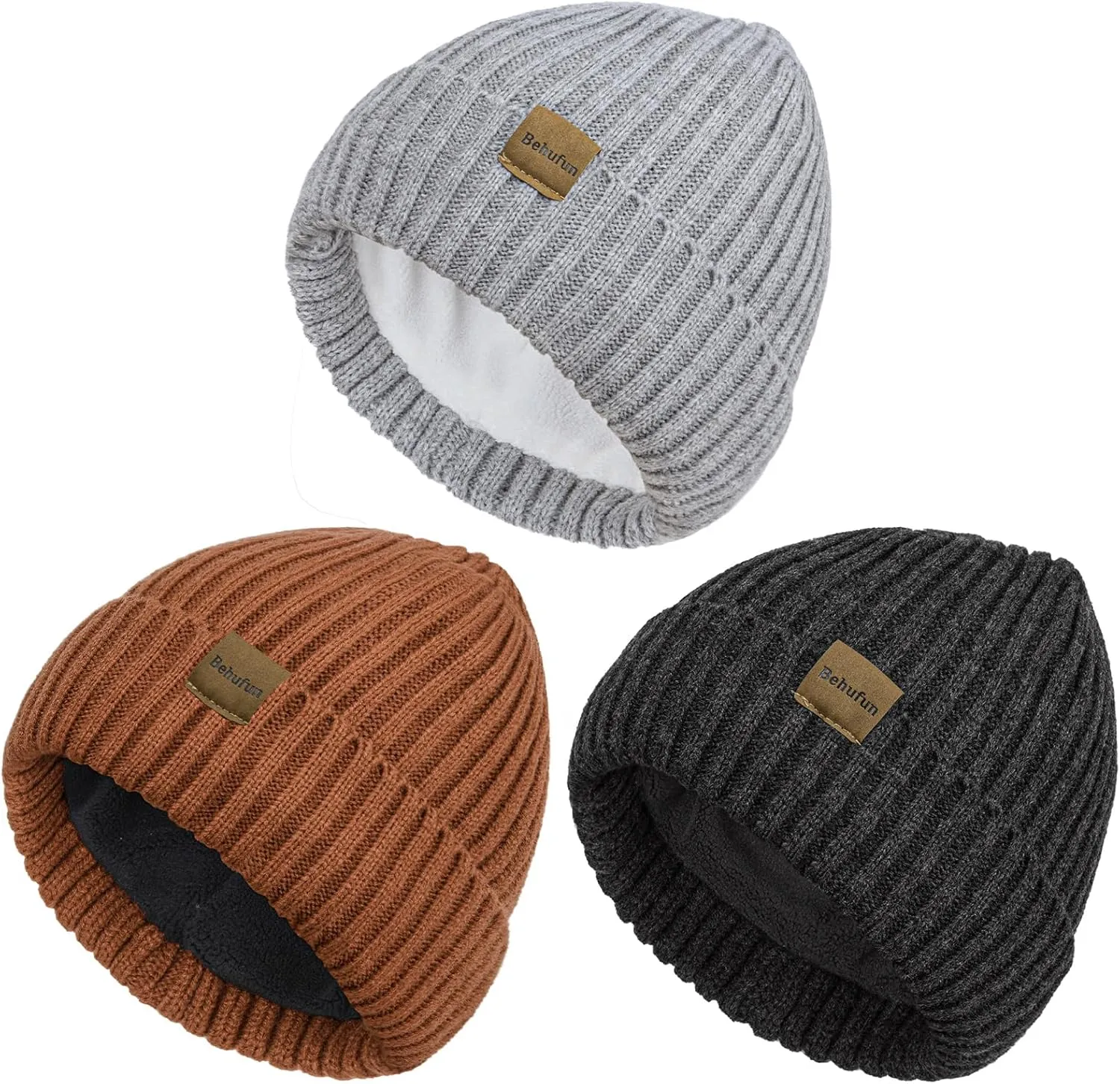 Beanies Hats Men 3 Pack, Unisex Beanie for Men Women, Warm Soft Polar Fleece Lining Thick Knit Cuff Winter Hat