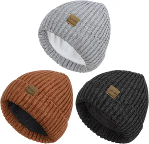 Beanies Hats Men 3 Pack, Unisex Beanie for Men Women, Warm Soft Polar Fleece Lining Thick Knit Cuff Winter Hat