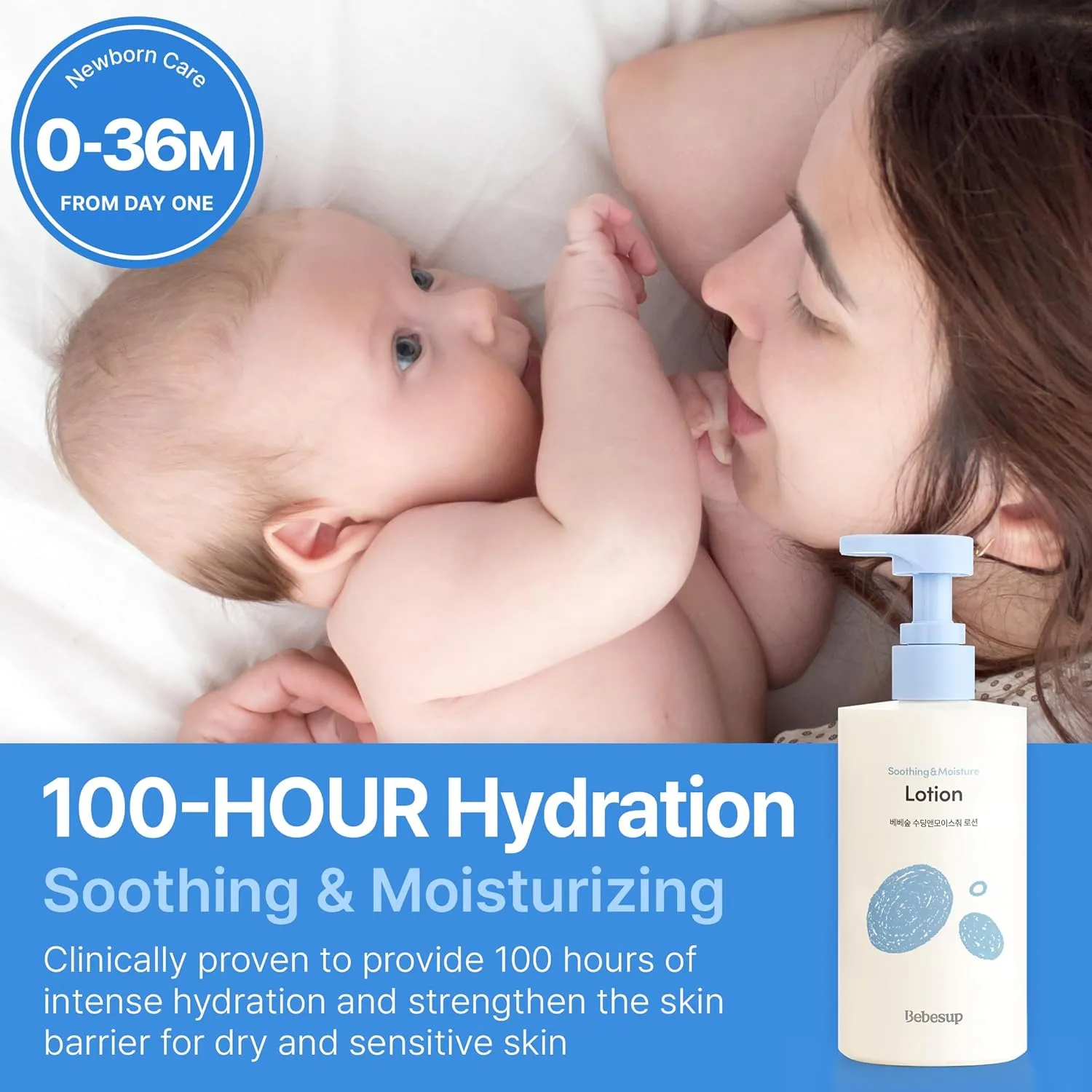 BEBESUP] Daily Hydration Baby Lotion | Korean Skincare for Sensitive & Atopic Skin 100-Hour Hydration Organic Rice & Ceramide Formula Hypoallergenic Fast Absorbing 10.14 fl. oz