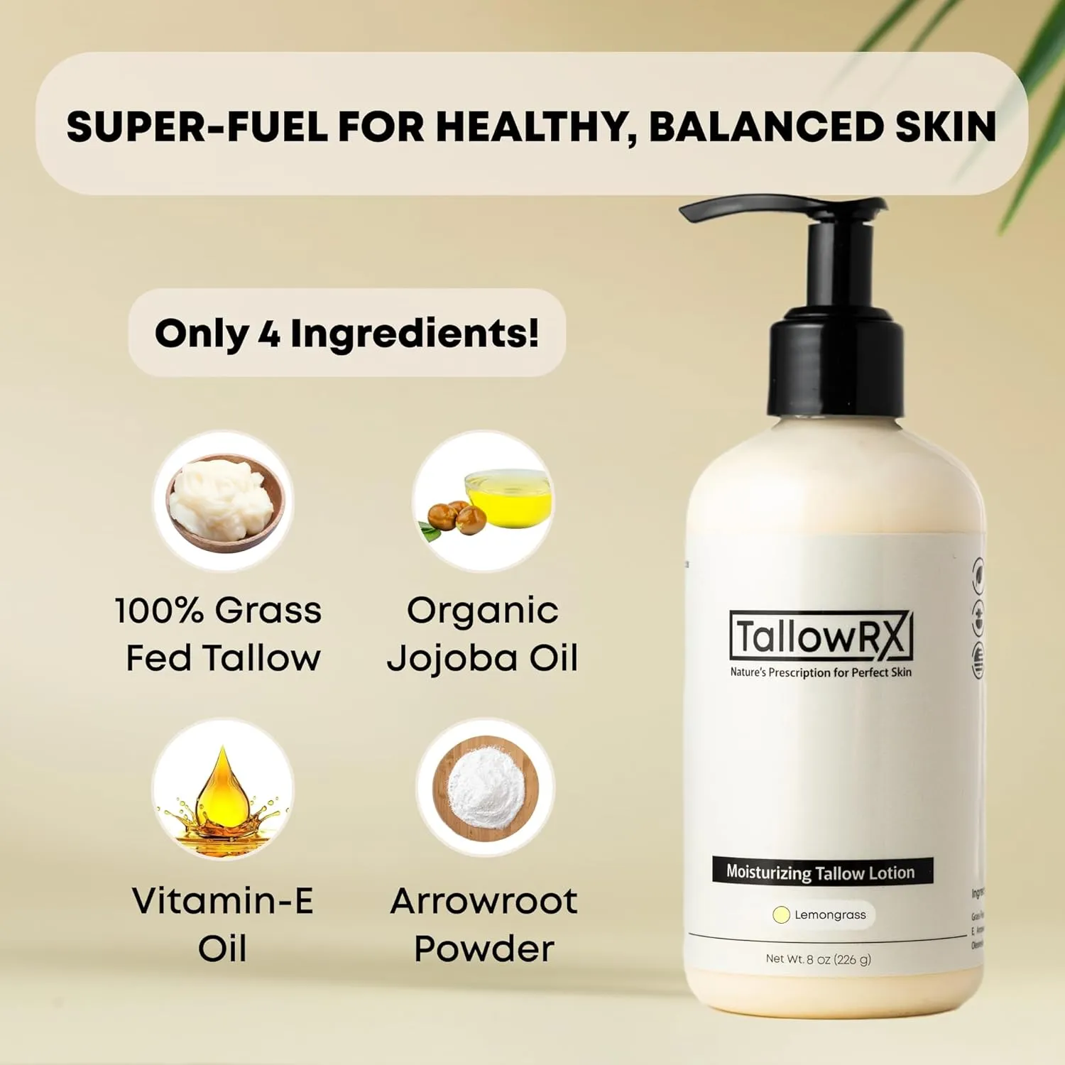 Beef Tallow Lotion for Skin, Face & Body – Luxurious Moisturizer with Grass Fed Tallow, Organic Aloe, Vitamin E & Arrowroot (8 oz, Lemongrass)
